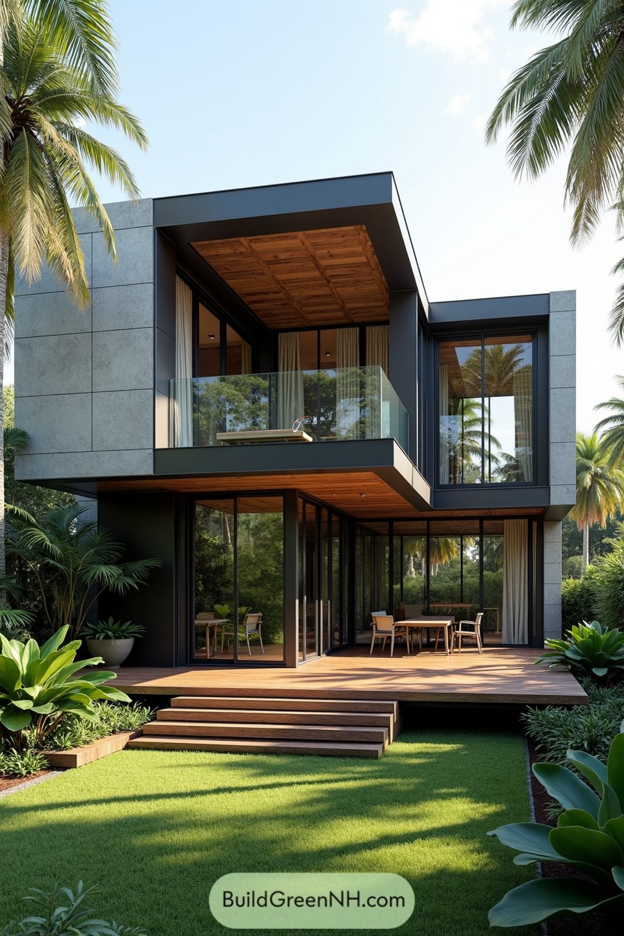 Modern tropical house with a wooden deck and lush greenery