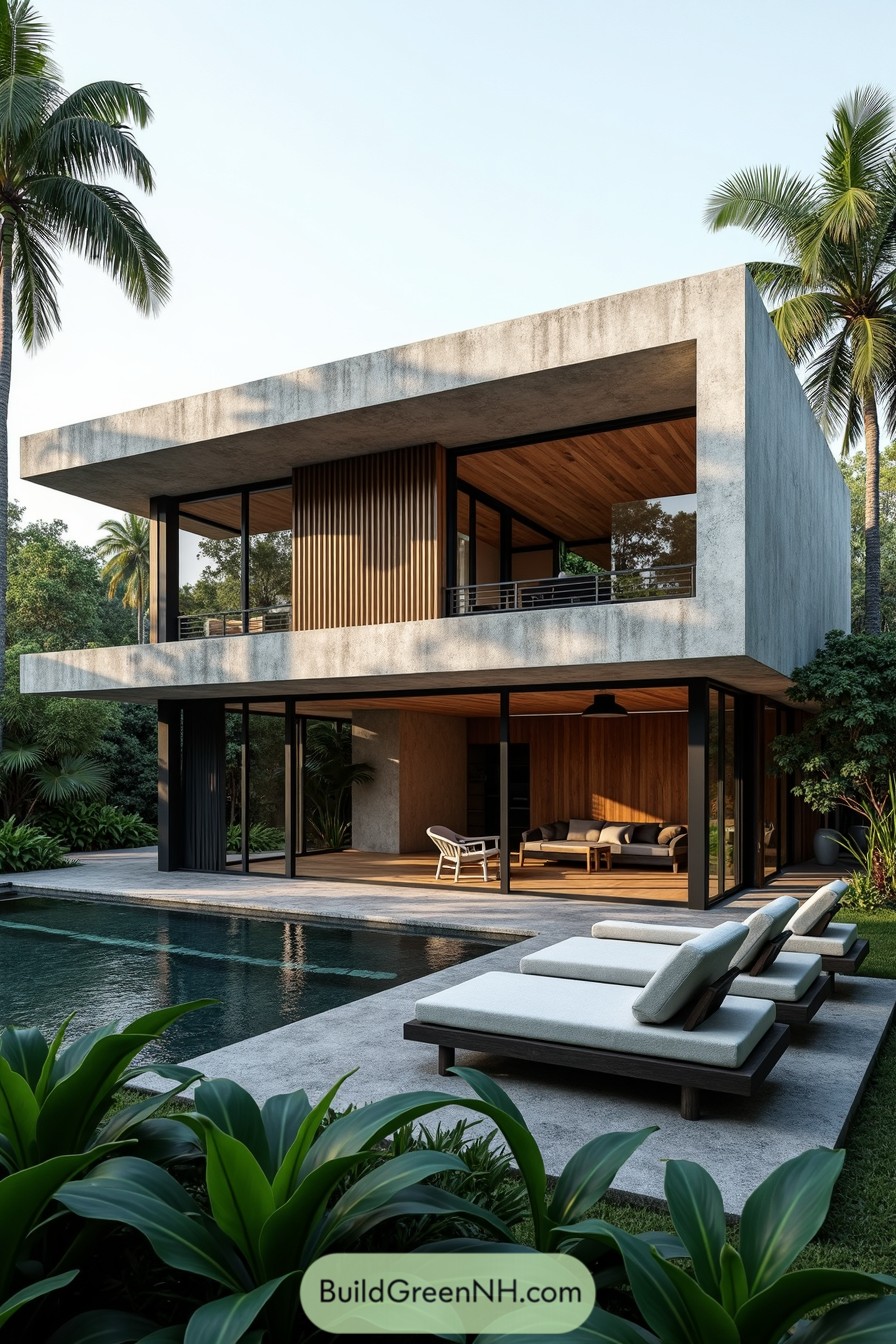 Modern tropical house with pool and lounging area