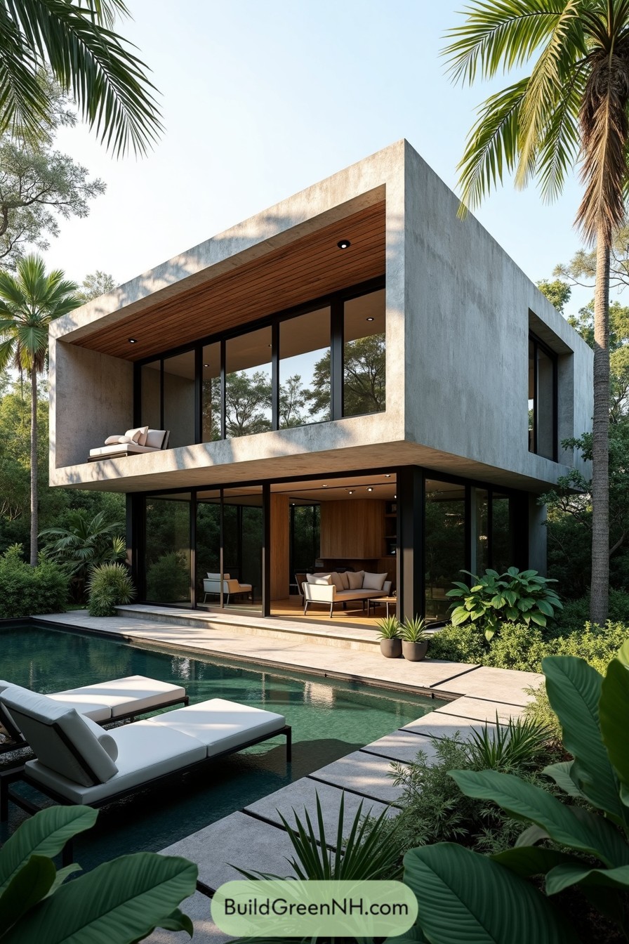 Modern concrete house with large windows and a pool