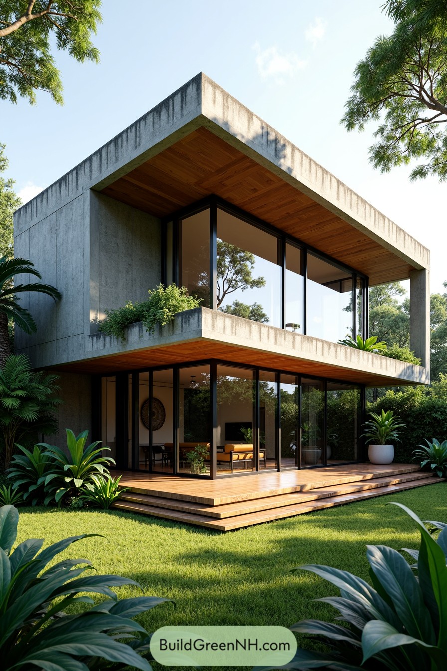 Modern house with large windows surrounded by lush greenery