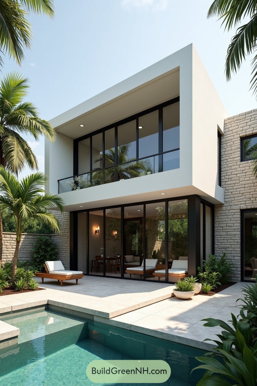 Modern tropical house with pool and palm trees