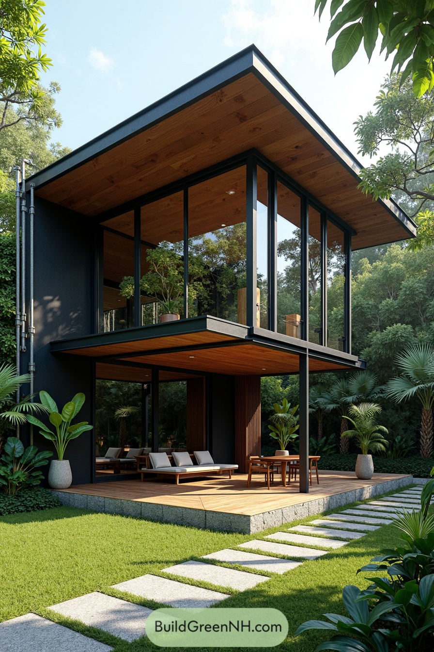 Modern two-story house with glass facade in tropical setting