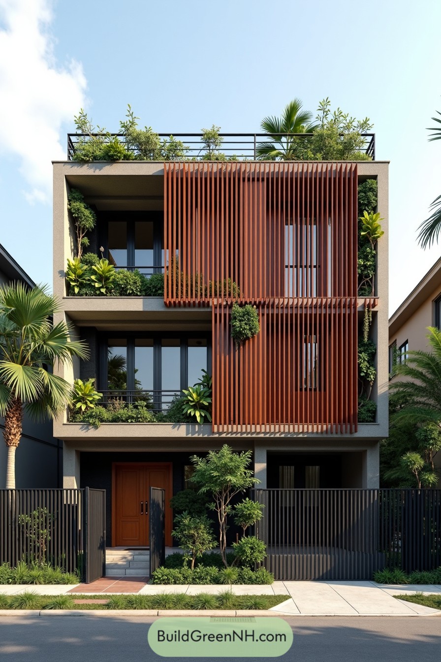 Contemporary house with lush greenery and wooden accents