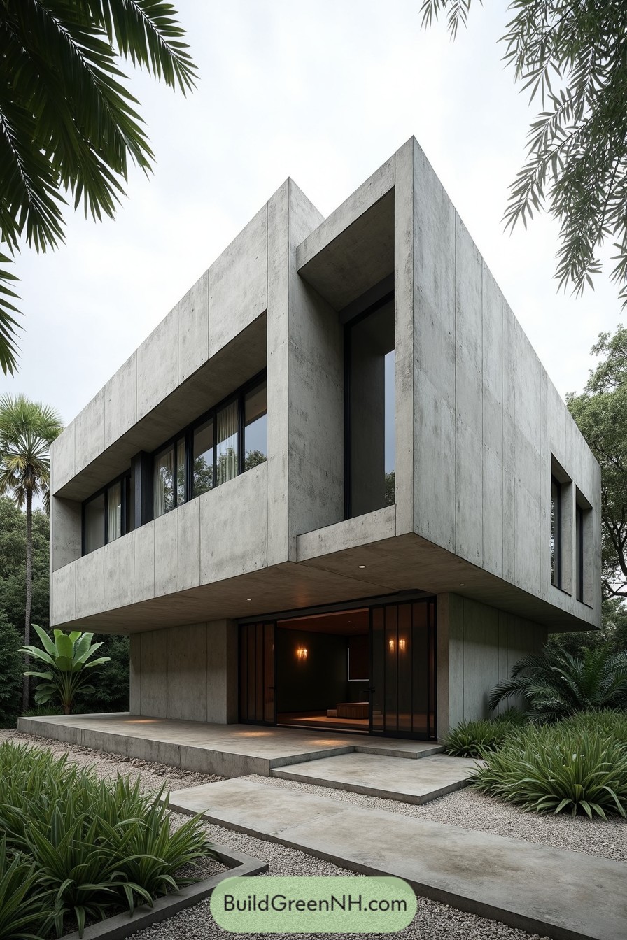 Modern concrete house surrounded by lush tropical plants