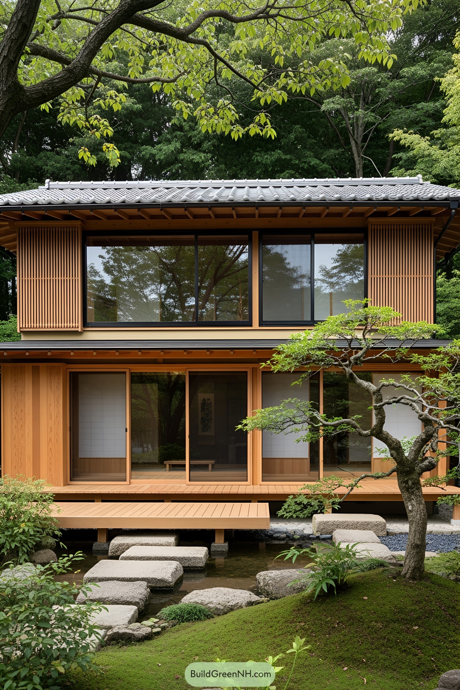Traditional Japanese house surrounded by lush greenery