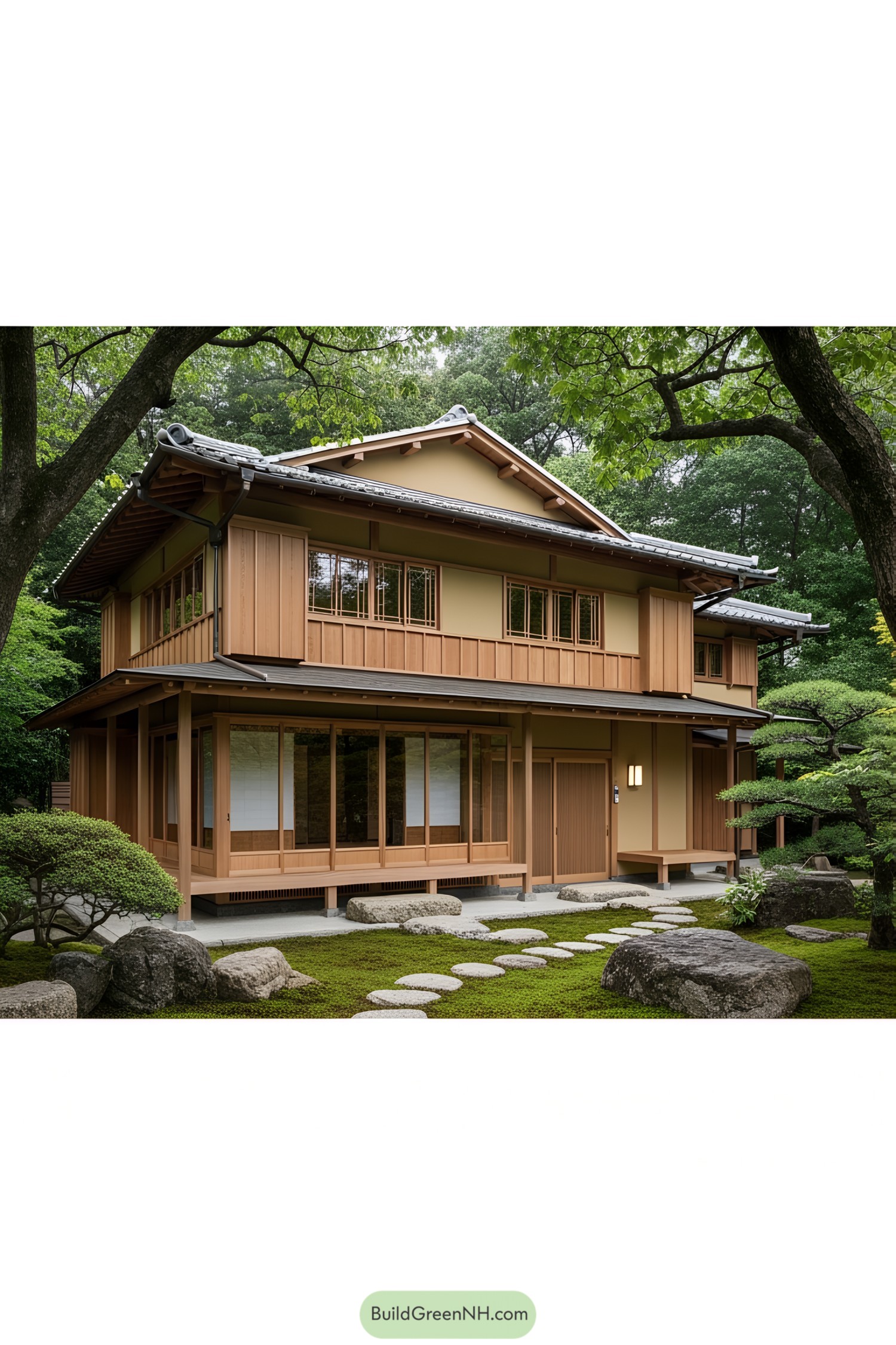 Wooden Japanese house surrounded by lush greenery