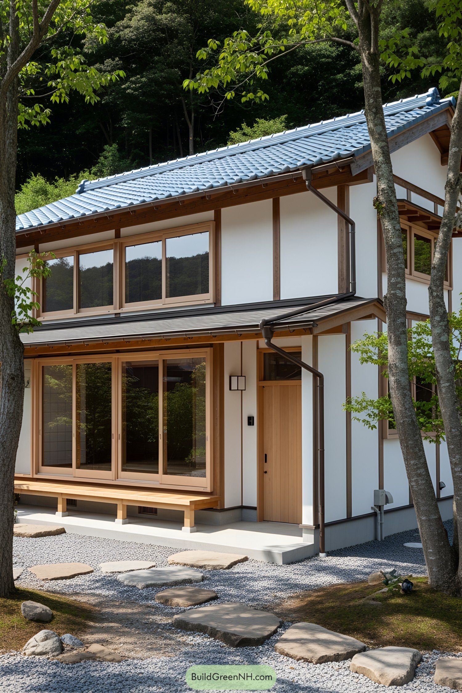 Japanese countryside house with blue-tiled roof surrounded by lush greenery