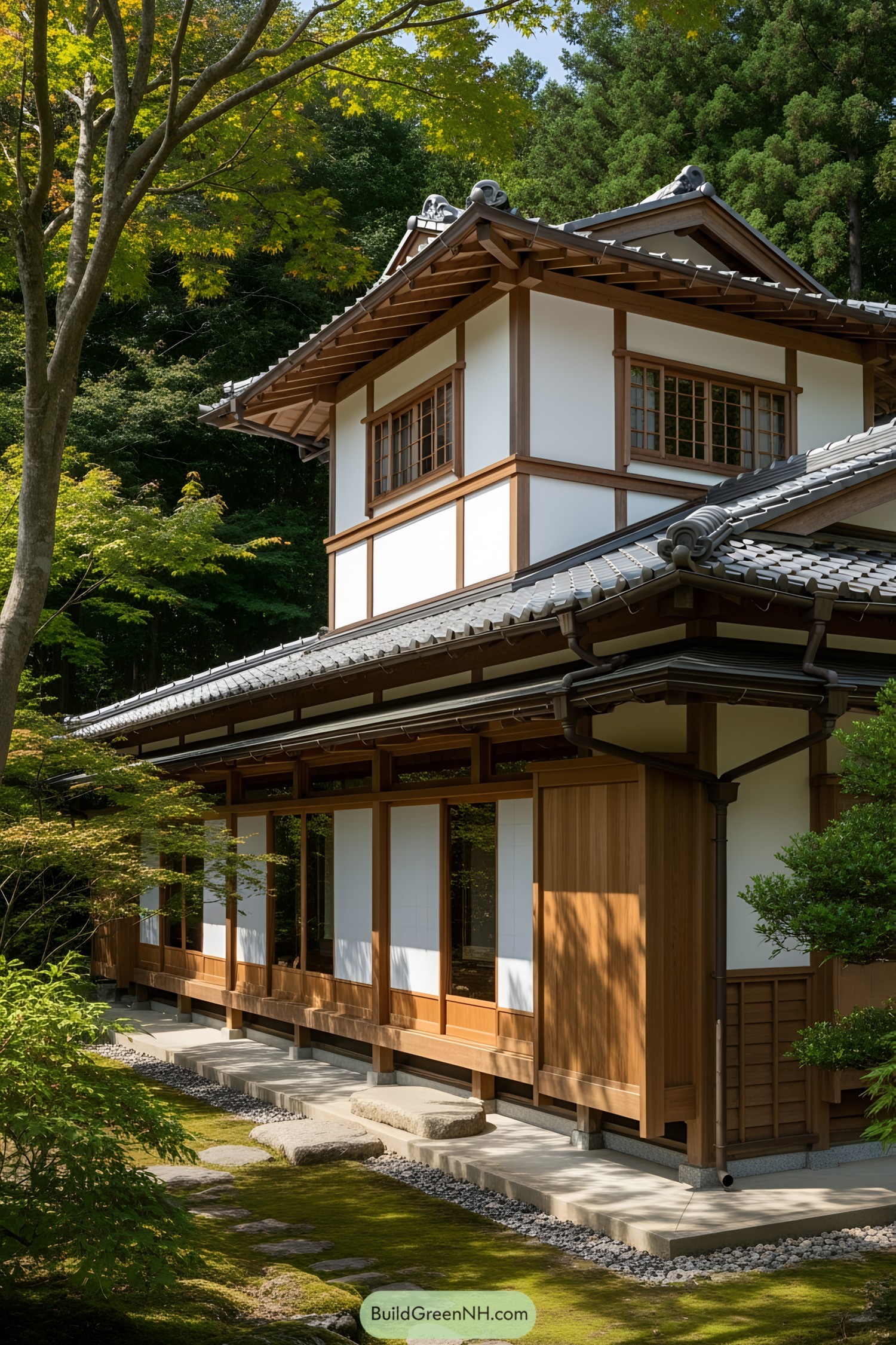 Japanese countryside house with traditional architecture surrounded by lush greenery