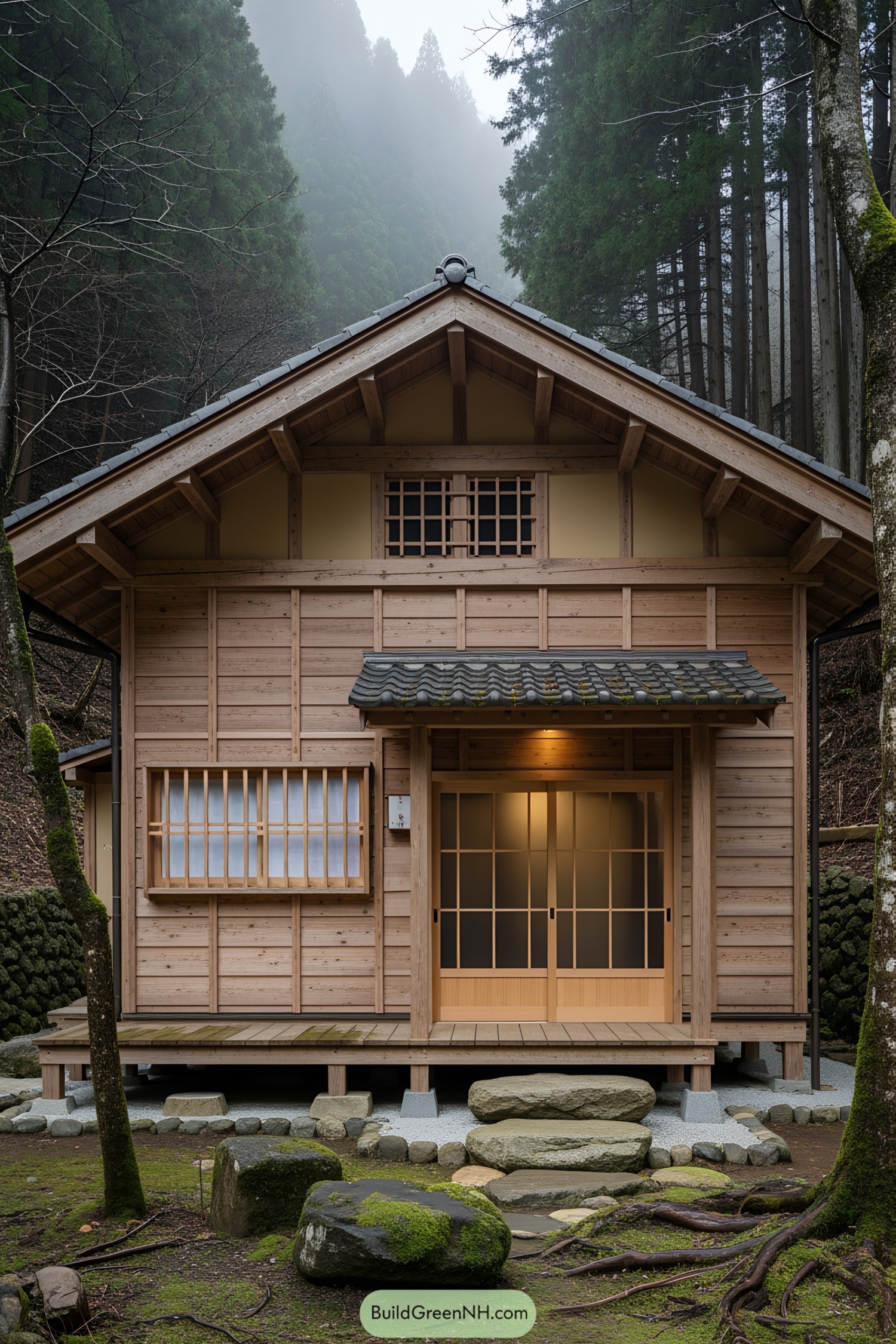 Quaint wooden house amidst tall trees in the Japanese countryside