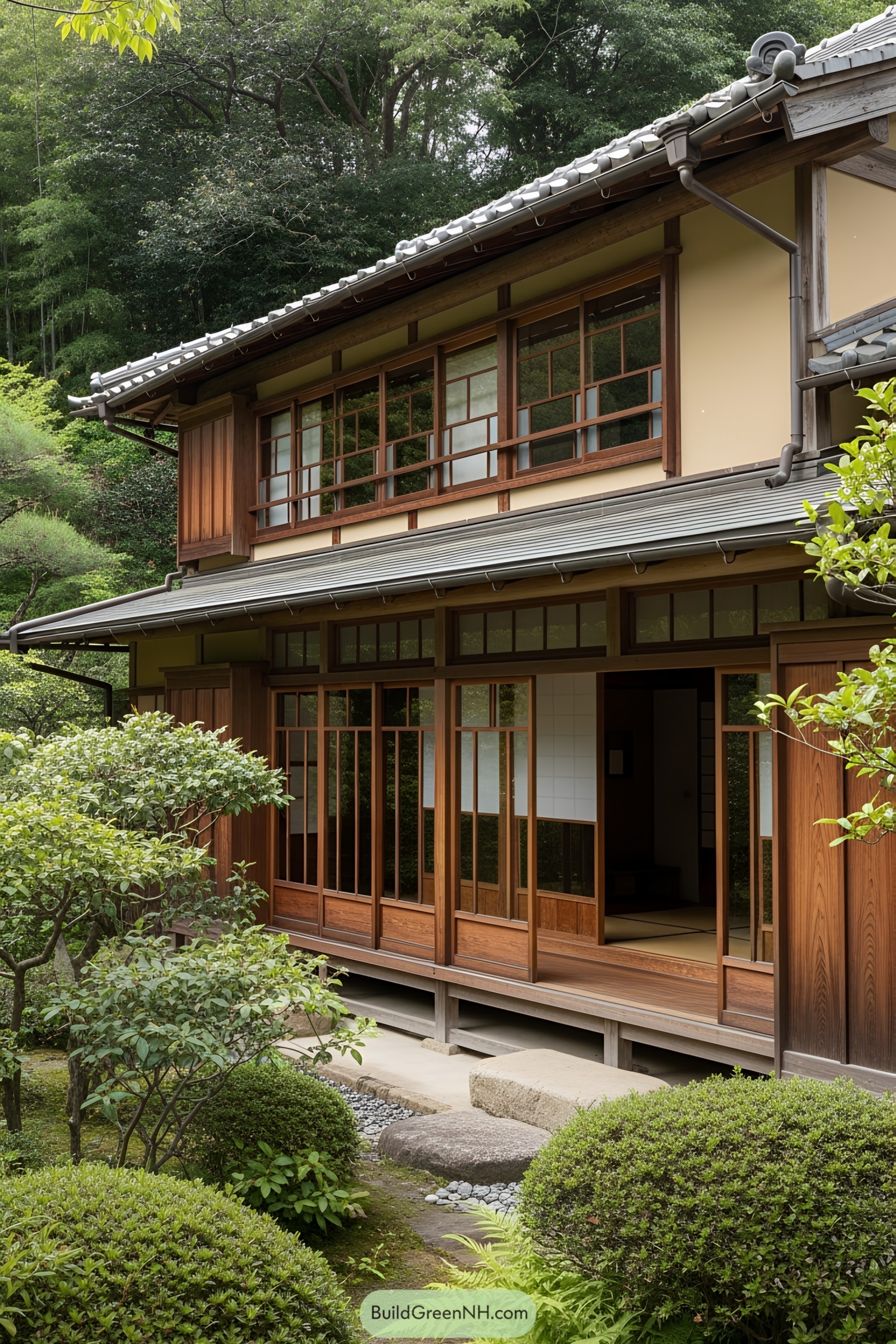 Traditional countryside house with lush greenery