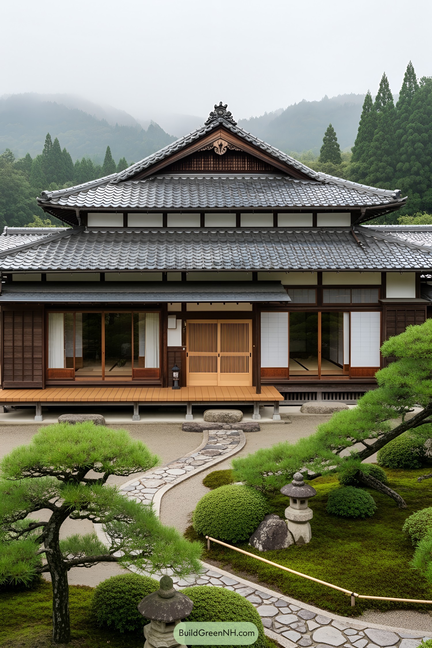 Japanese house with traditional architecture and surrounding garden