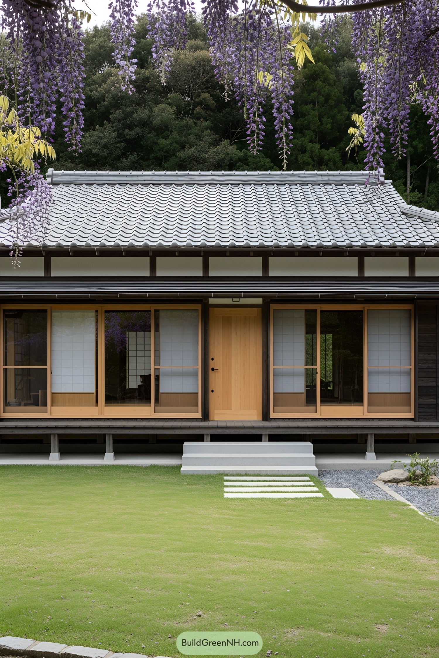 Traditional Japanese house with a wisteria backdrop