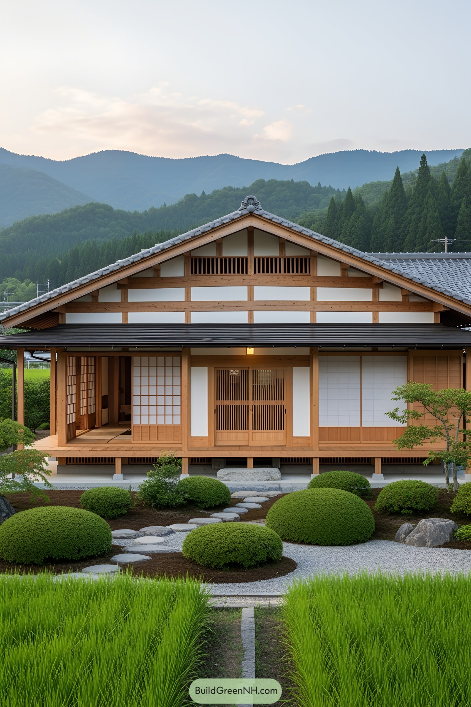Traditional Japanese house with manicured garden, set against forested hills