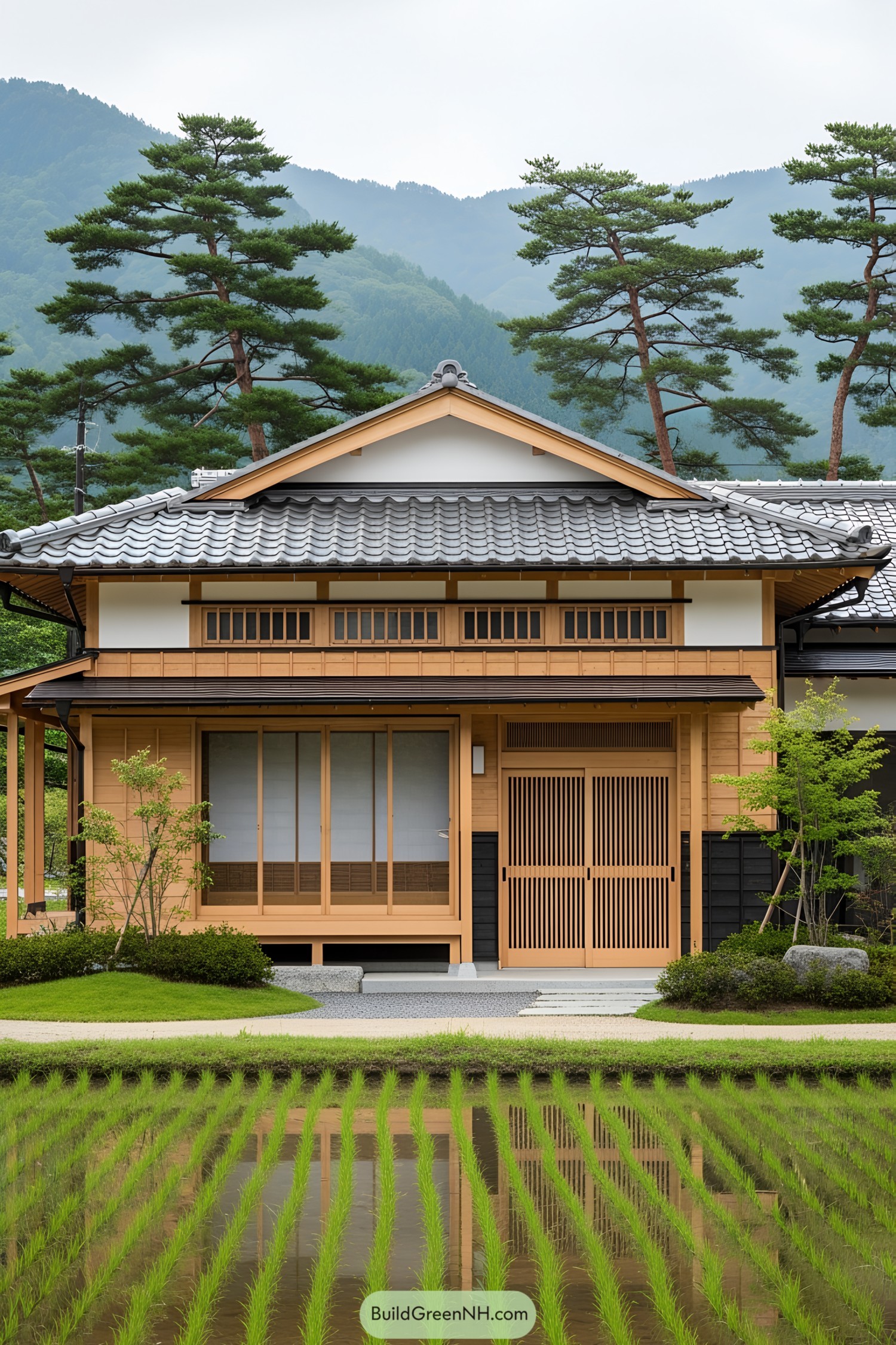 Traditional Japanese house with rice field and mountain backdrop