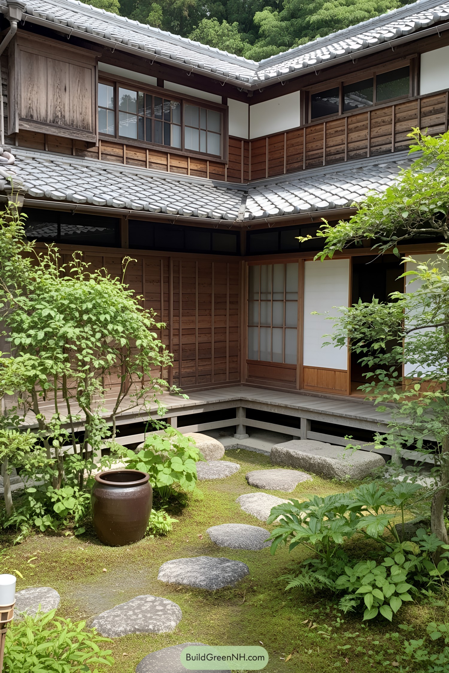 Japanese countryside house with a stone path and lush garden