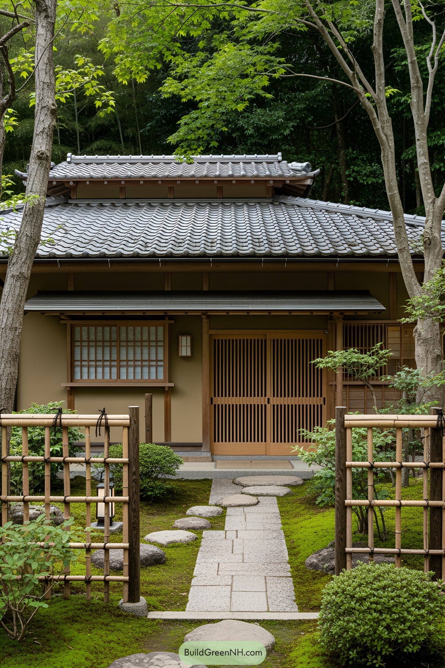 Charming Japanese house surrounded by lush greenery