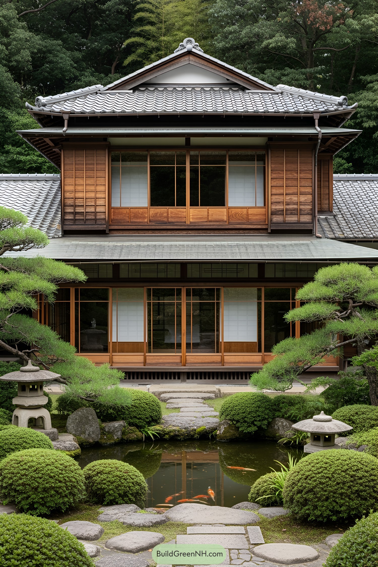 Japanese countryside house with koi pond and lush greenery