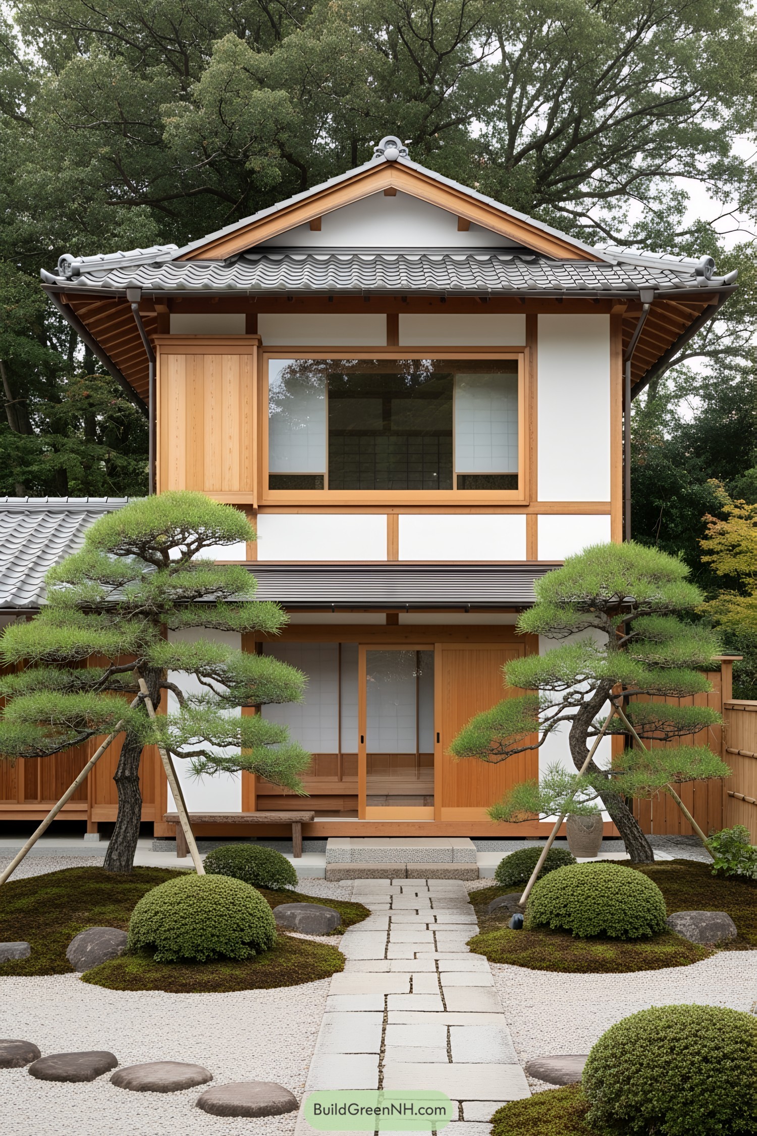 White two-story Japanese house with traditional wooden accents and a stone path