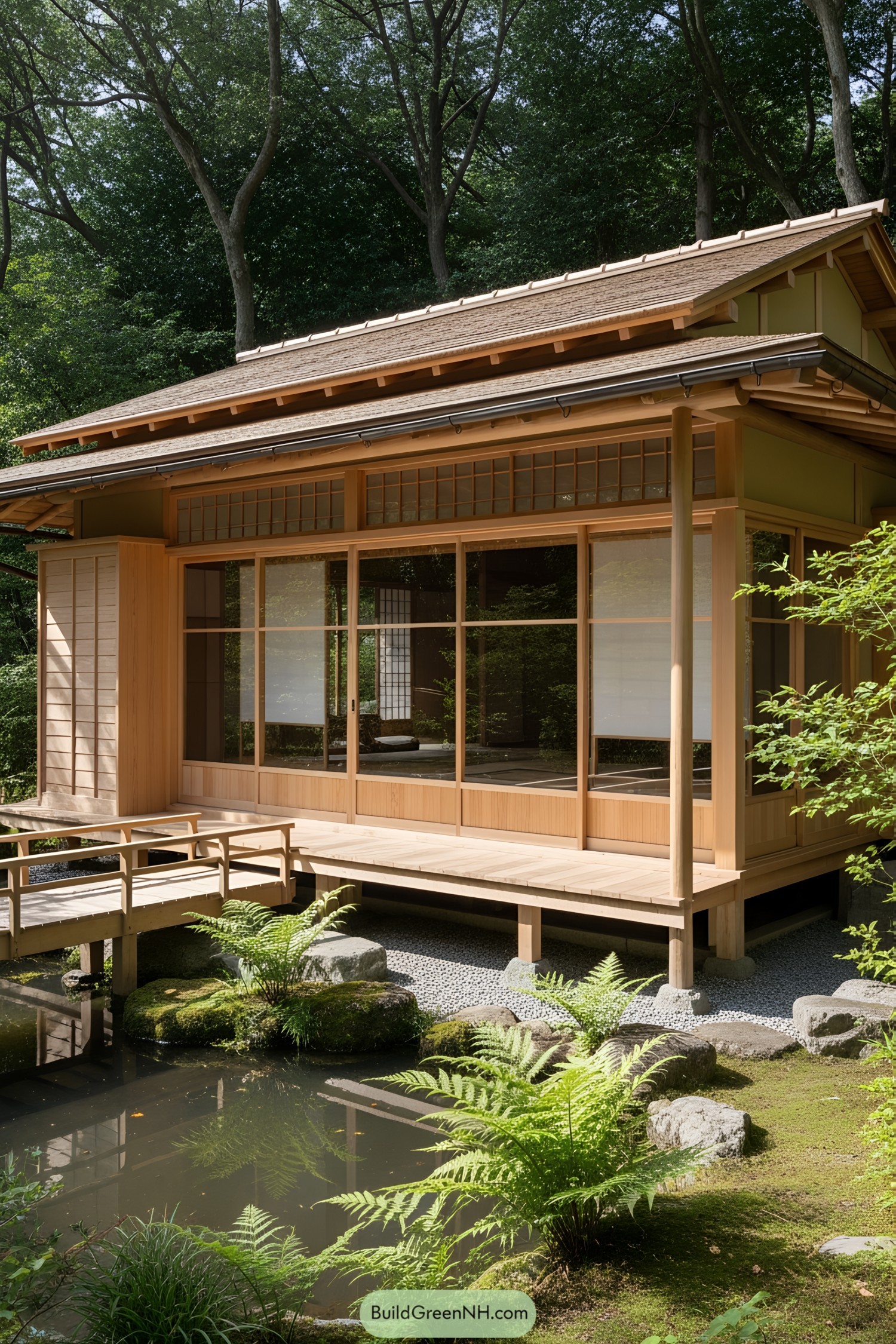 Quaint wooden house by a pond in a forest