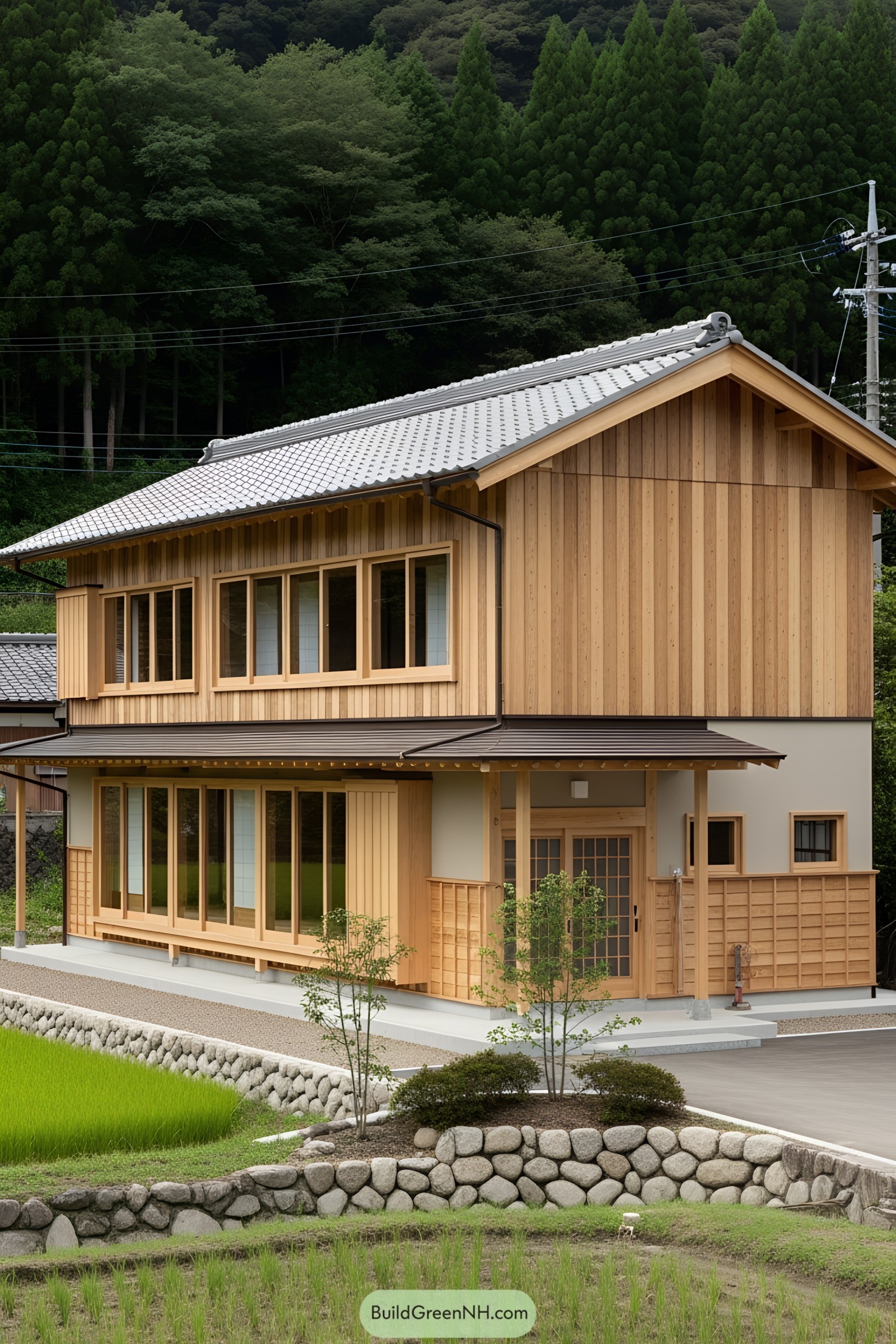 Traditional Japanese house with wooden exterior surrounded by lush greenery