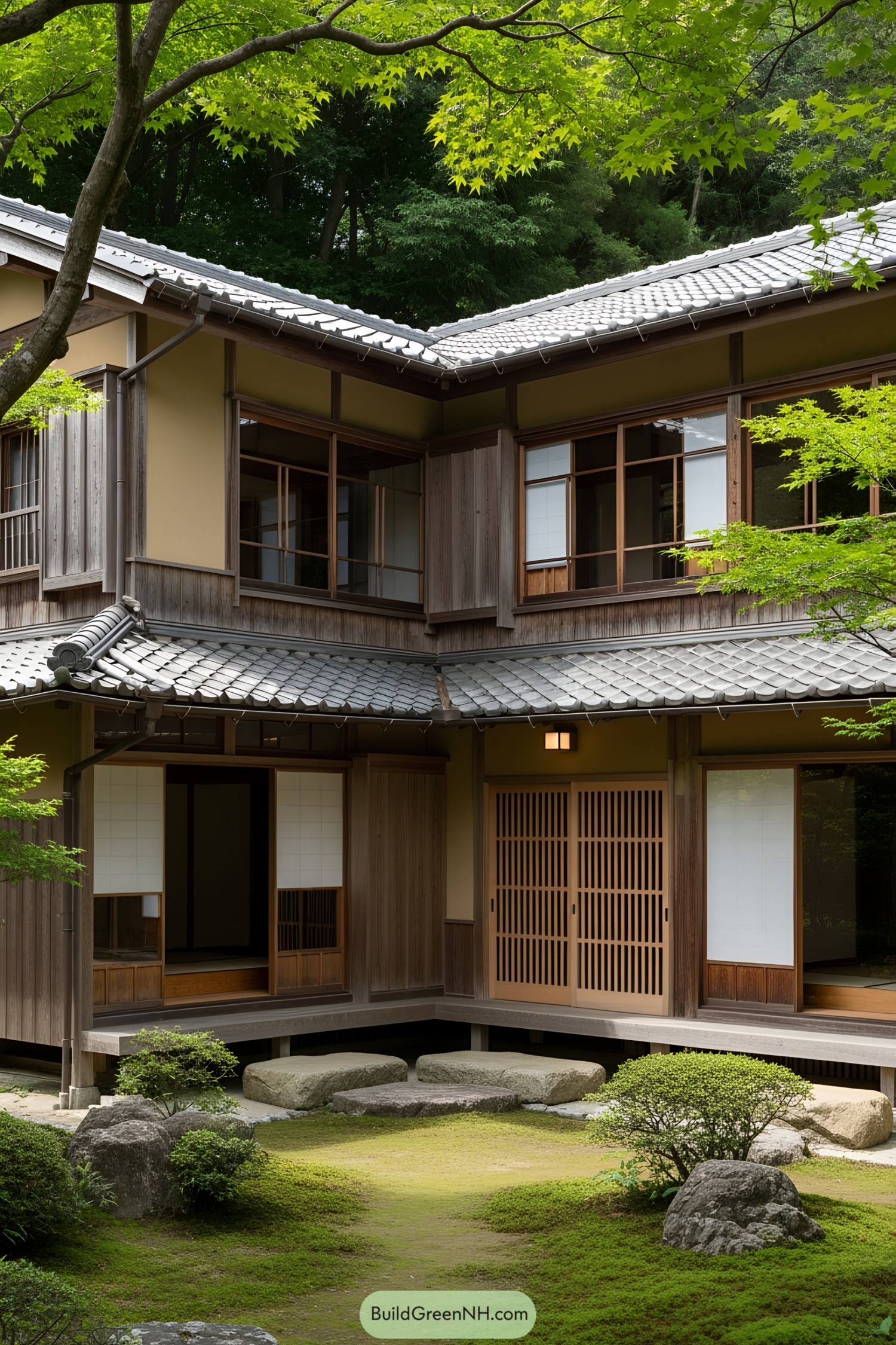Traditional Japanese house with wooden sliding doors in a lush garden setting