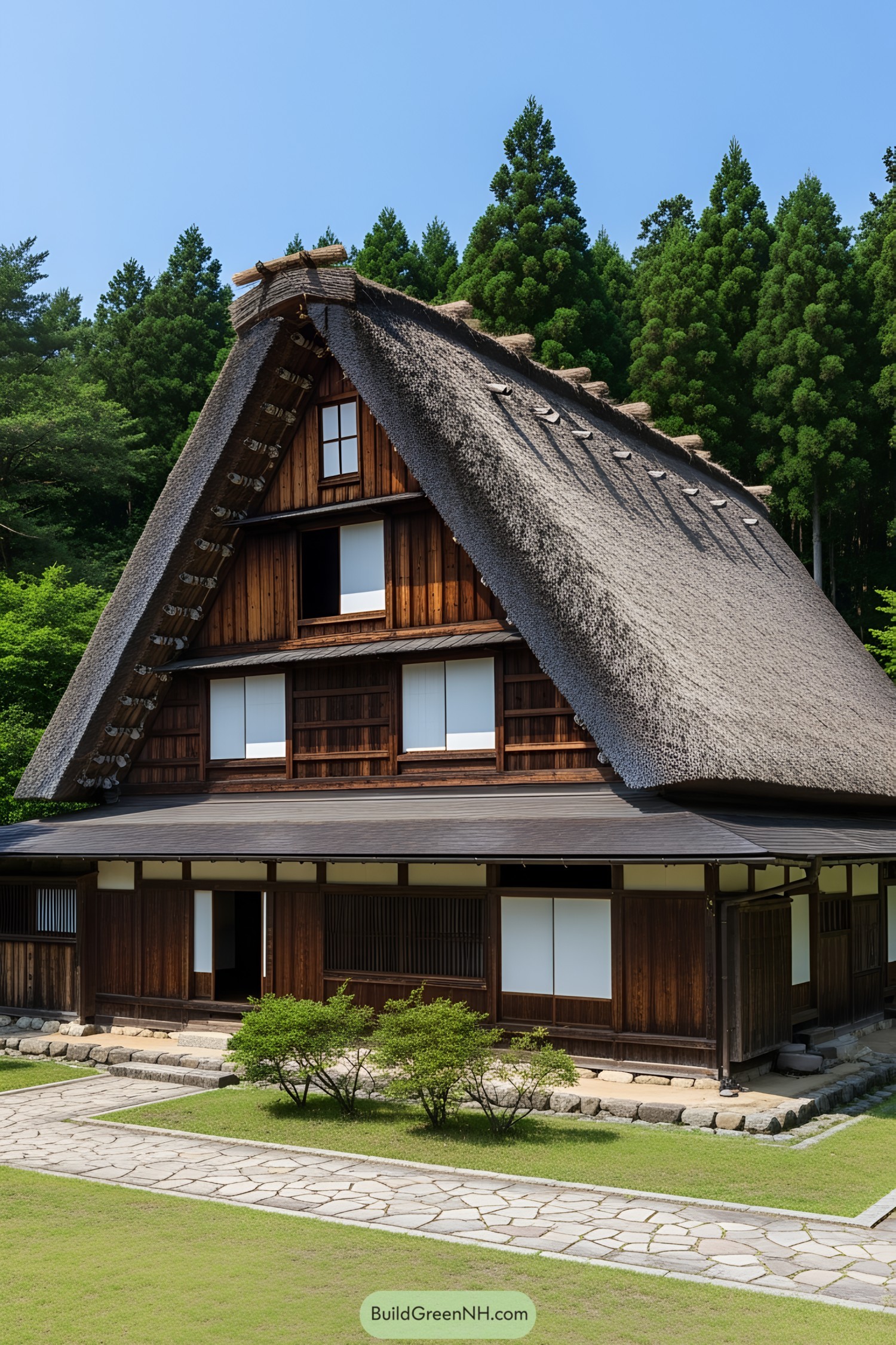 Traditional Japanese farmhouse with steep thatched roof and wooden structure