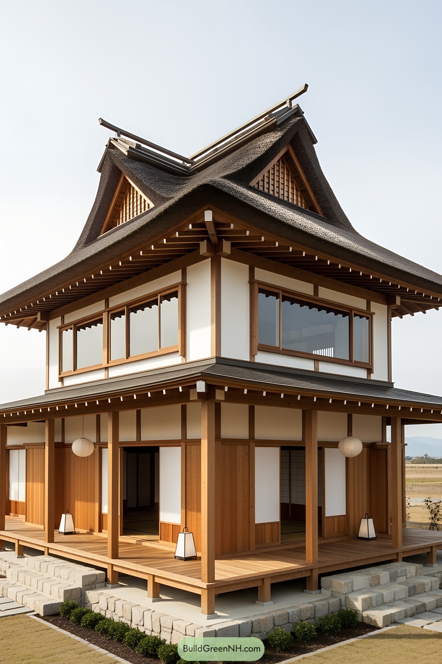 Traditional Japanese farmhouse with a unique roof
