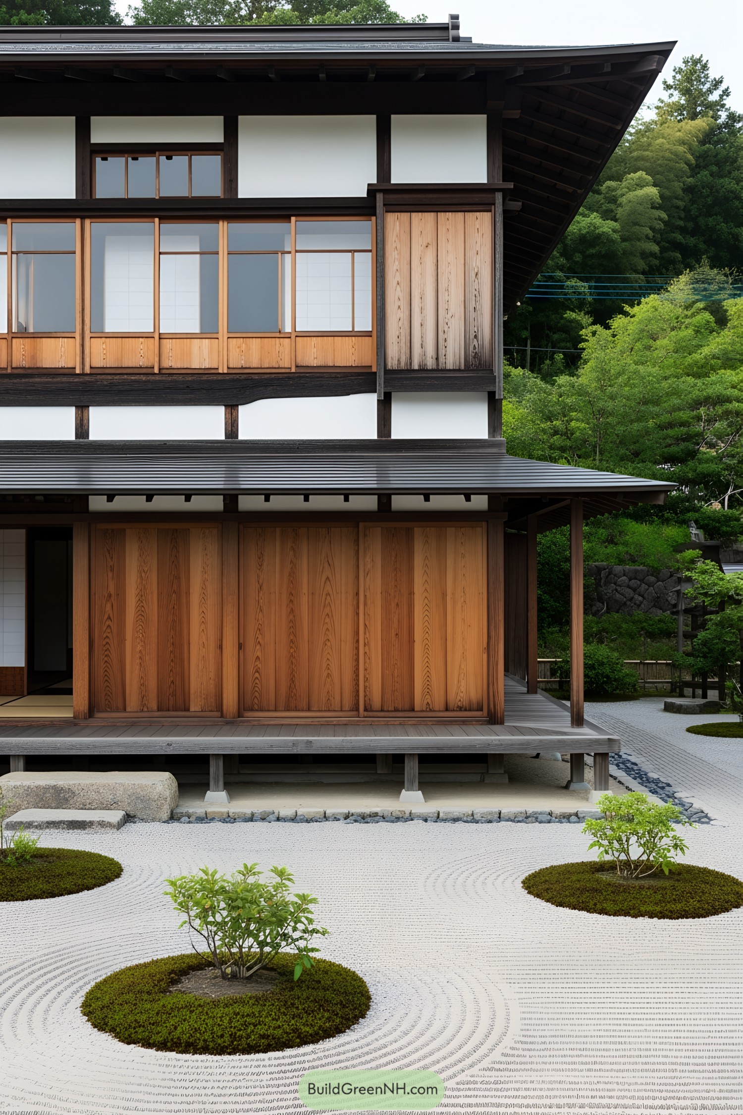 Japanese farmhouse with wooden sliding doors and a minimalist garden