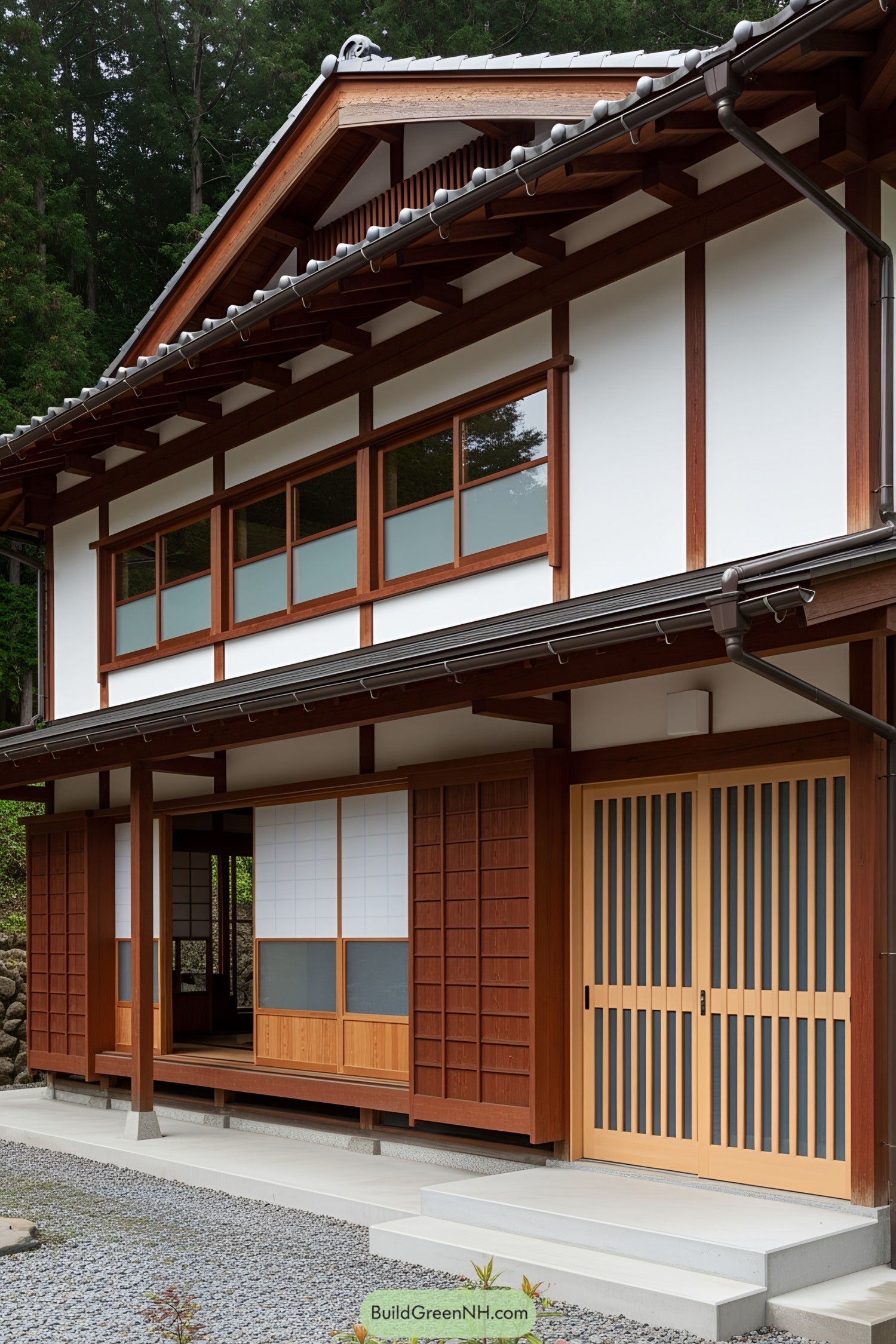 Traditional Japanese farmhouse with wooden accents and sliding doors
