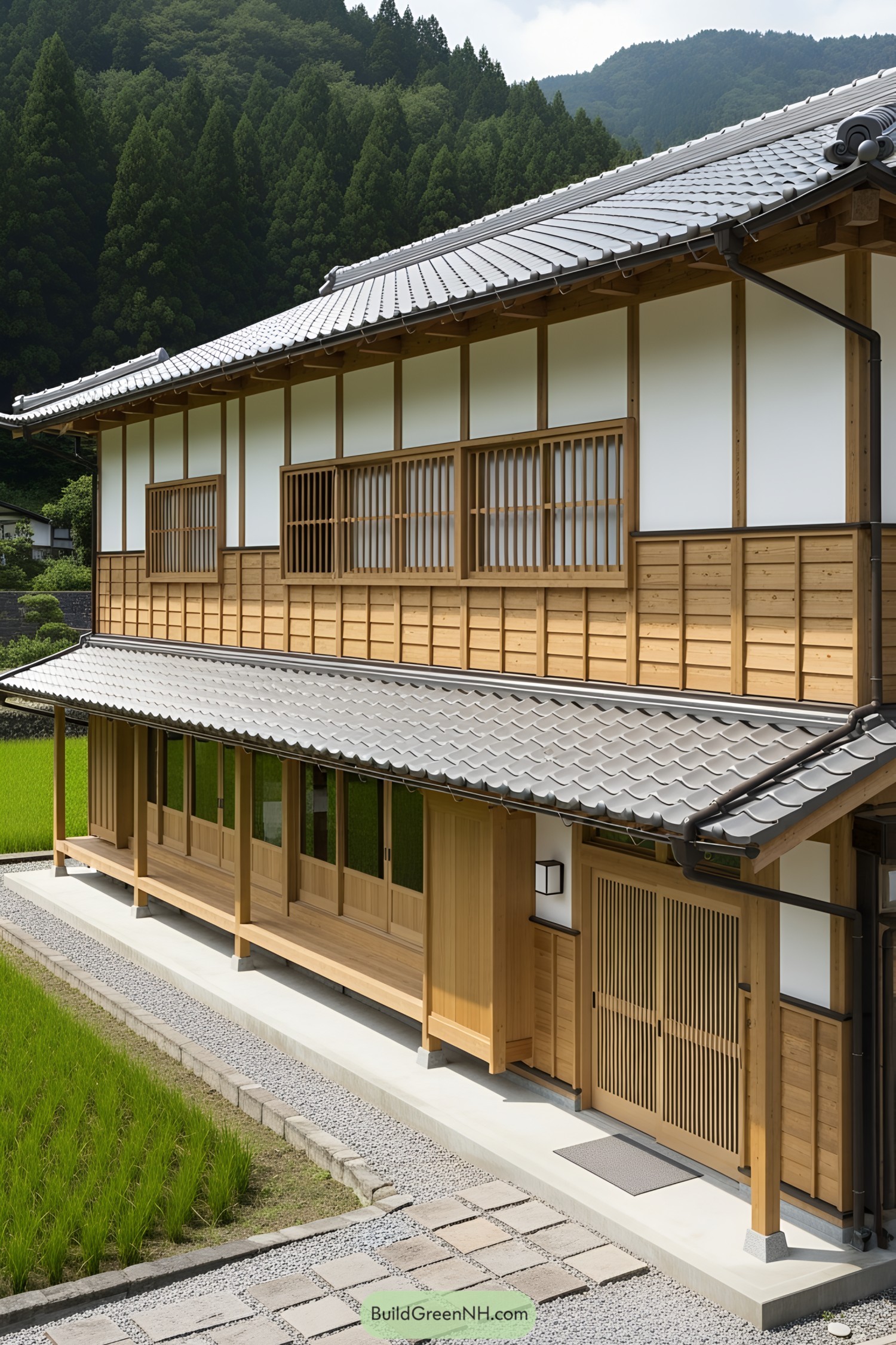 Japanese farmhouse with wooden elements and tiled roof
