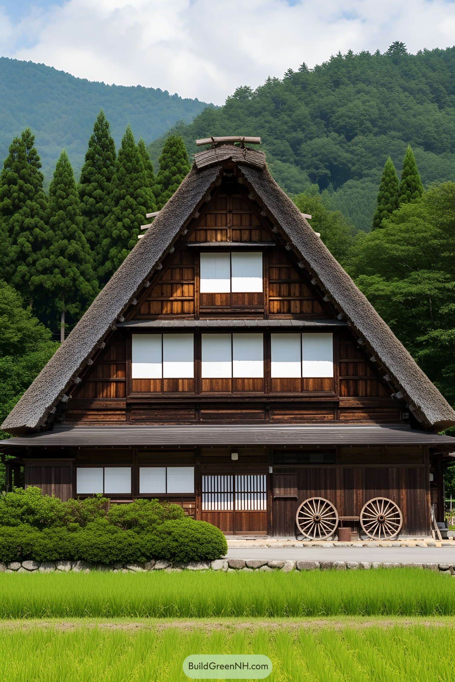 Traditional Japanese farmhouse with a steep thatched roof surrounded by lush greenery