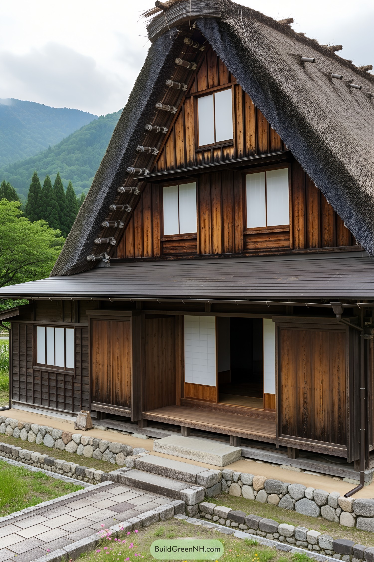 Wooden farmhouse with steep thatched roof