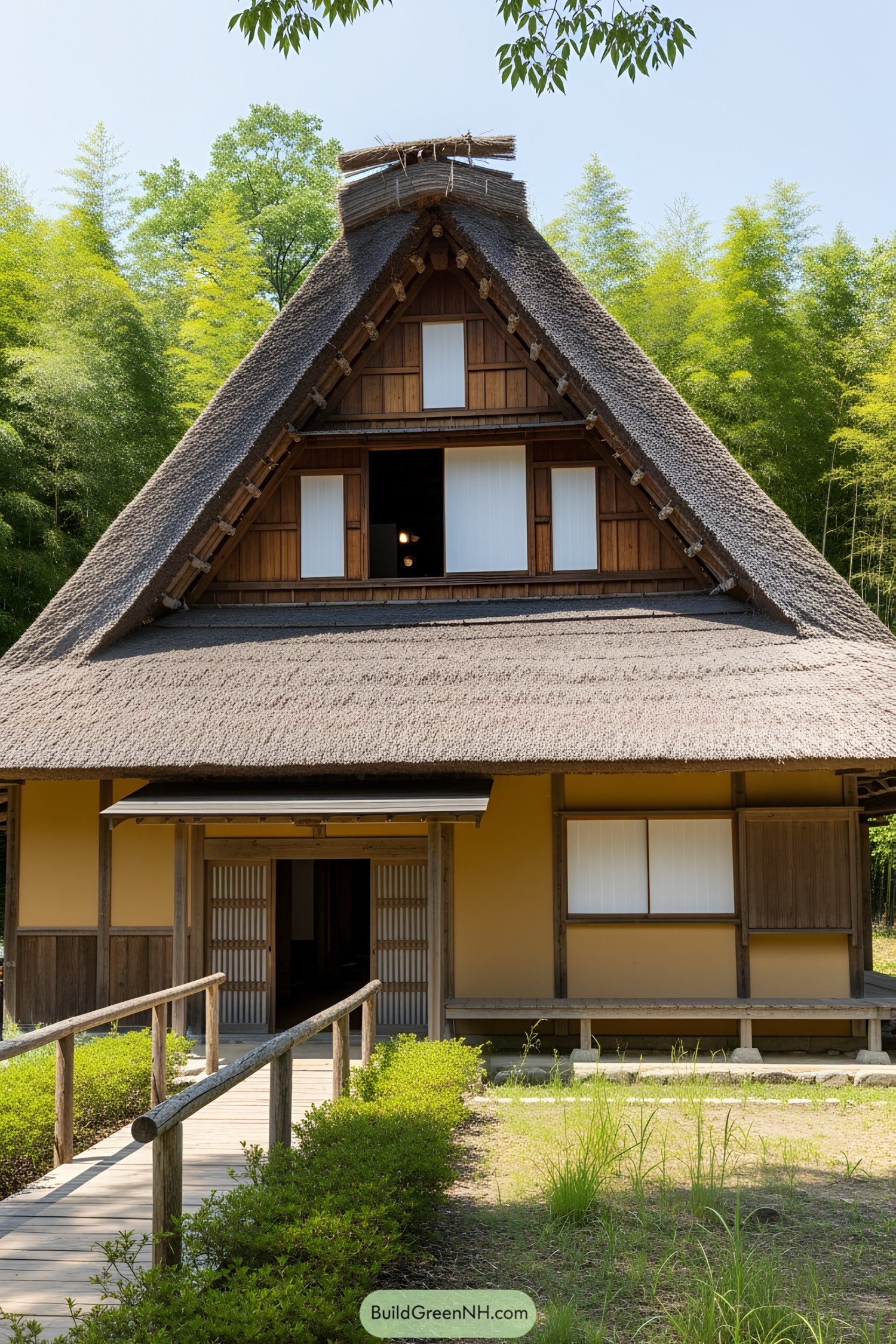 Authentic Japanese farmhouse with a steep thatched roof
