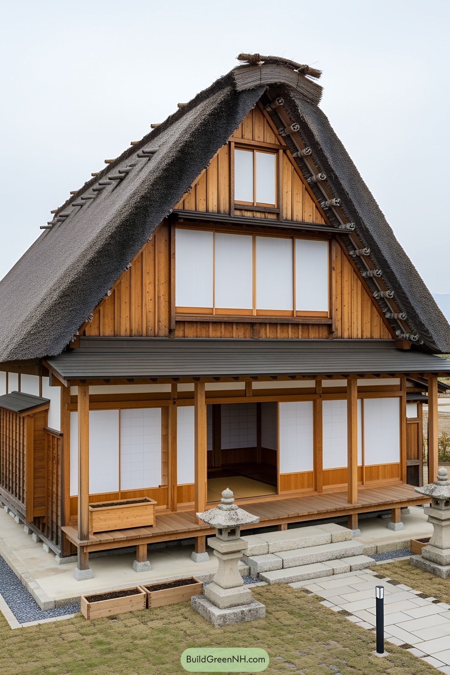 Japanese farmhouse with thatched roof and wooden exterior