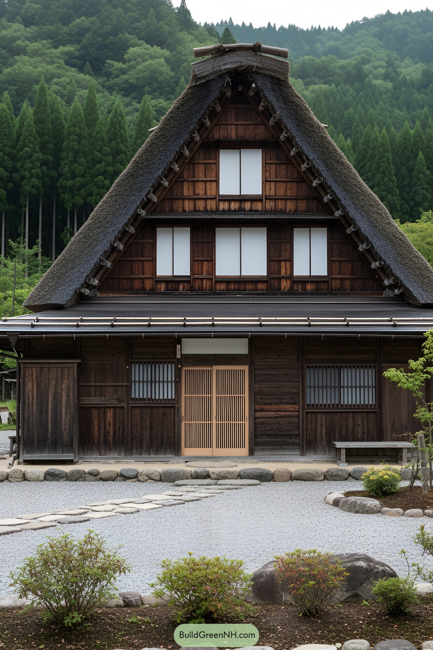 Rustic Japanese farmhouse with lush forest background