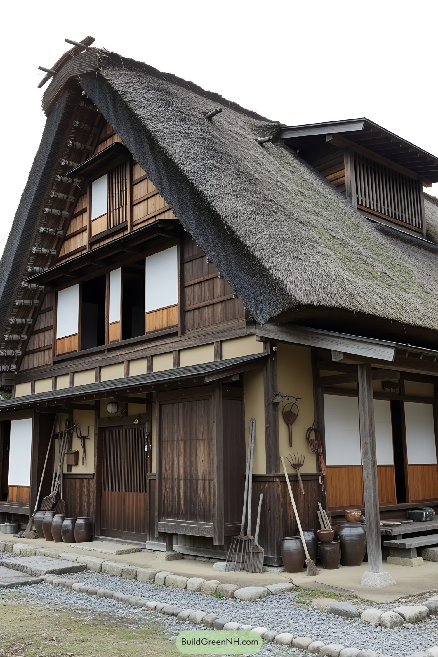 Traditional Japanese farmhouse with a thatched roof