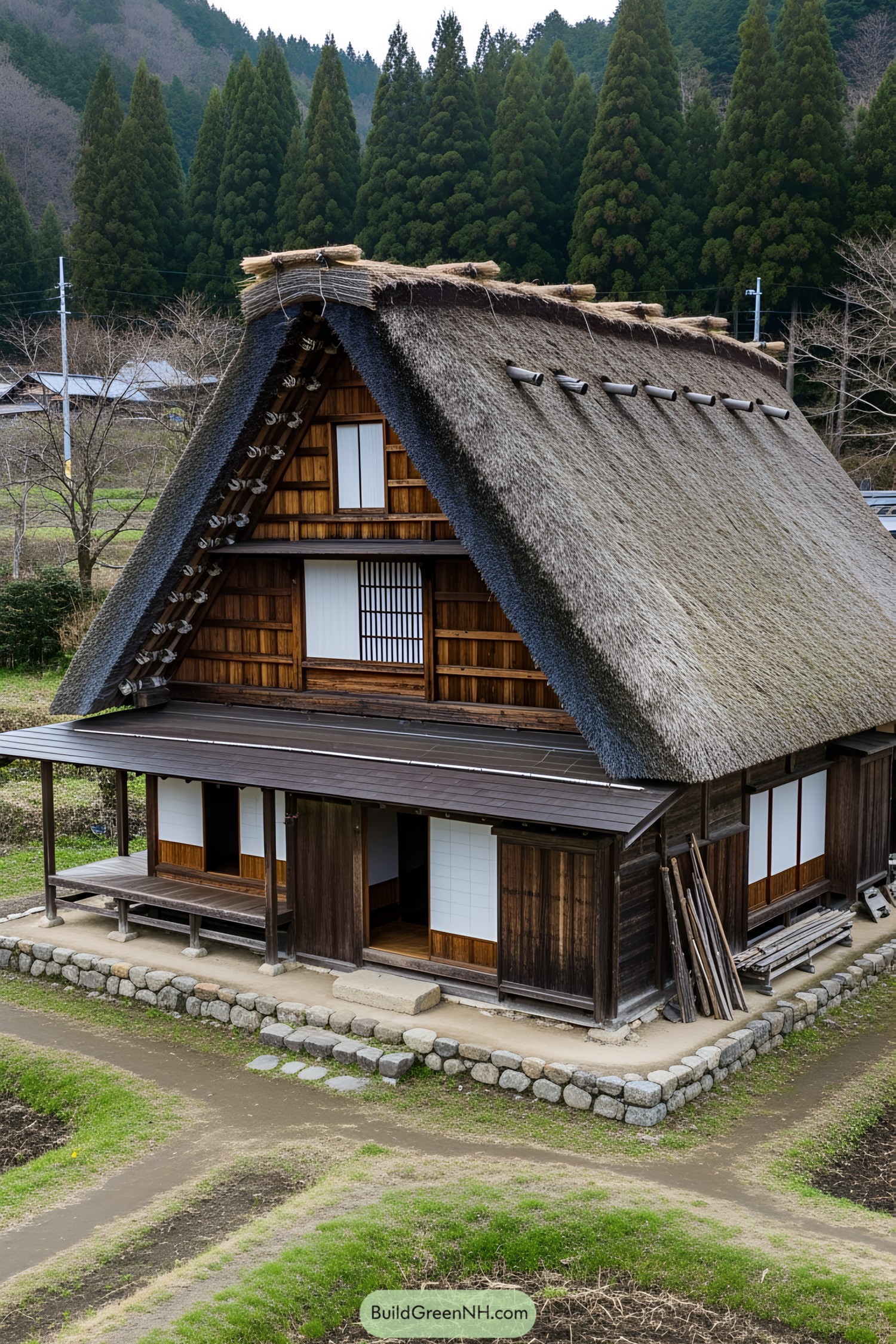 Traditional Japanese farmhouse with thatched roof amid lush landscape