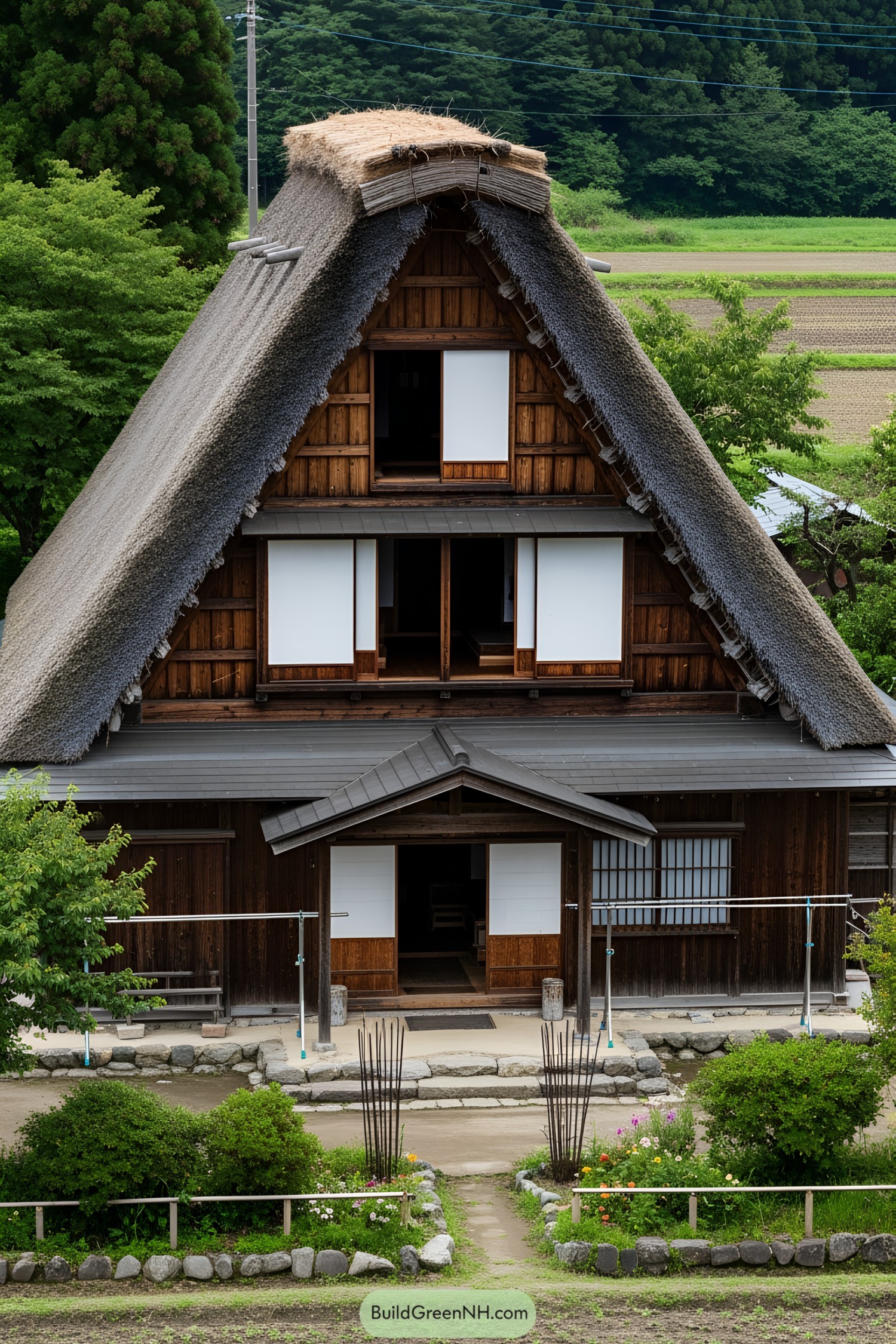 Traditional Japanese farmhouse surrounded by greenery