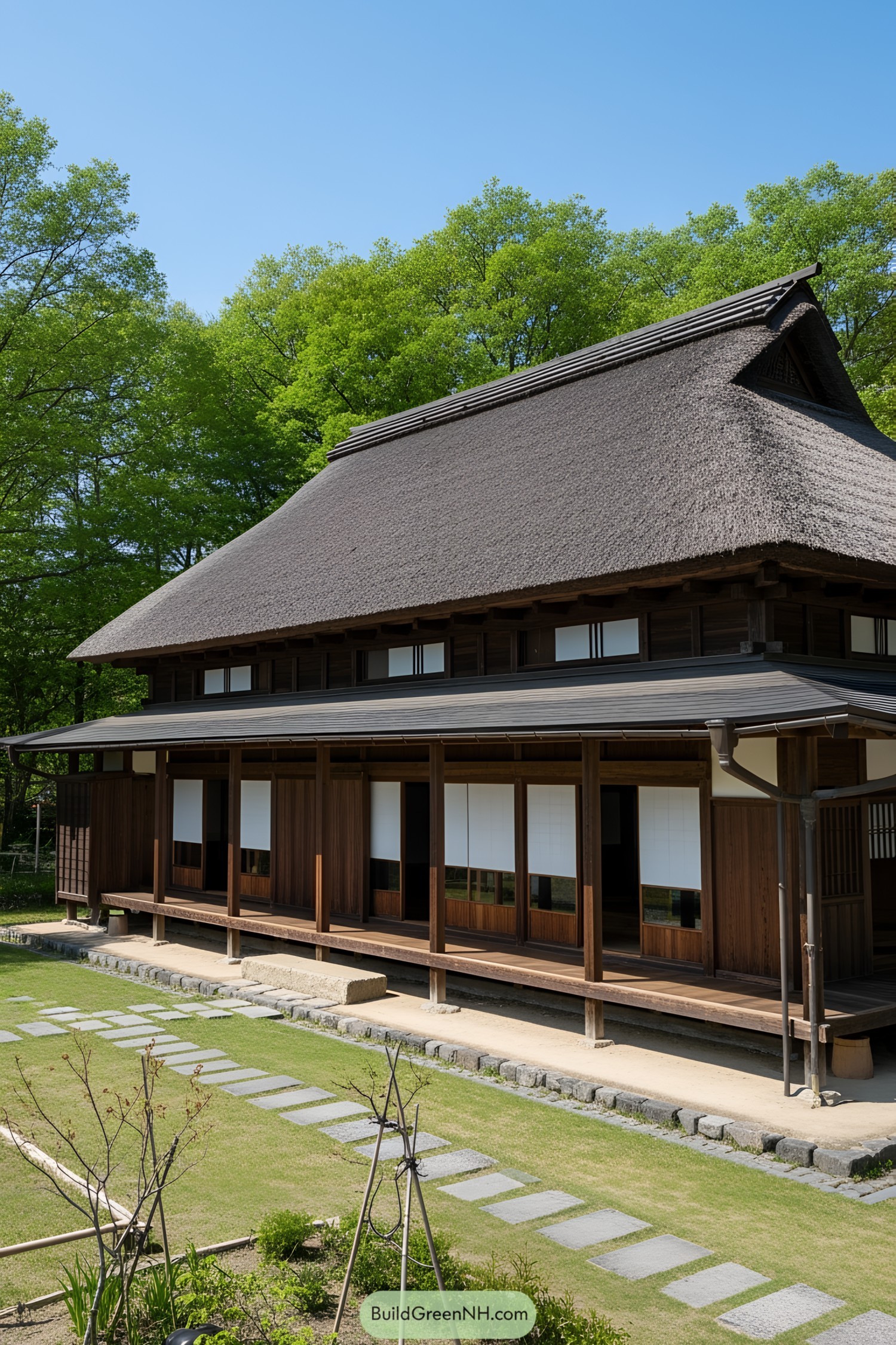 Japanese farmhouse with a thatched roof and wooded backdrop