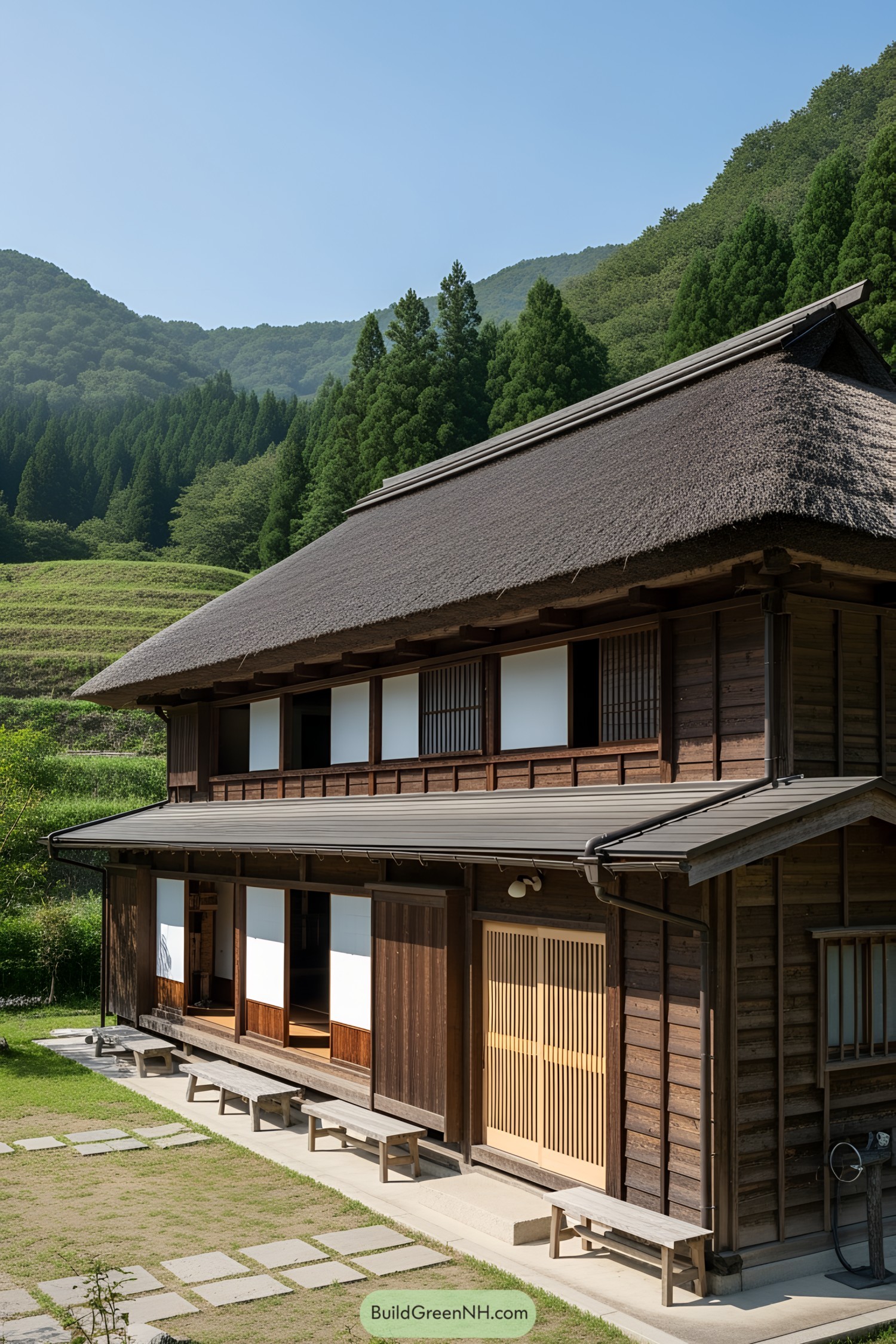 Cozy wooden farmhouse with a thatched roof in a lush setting