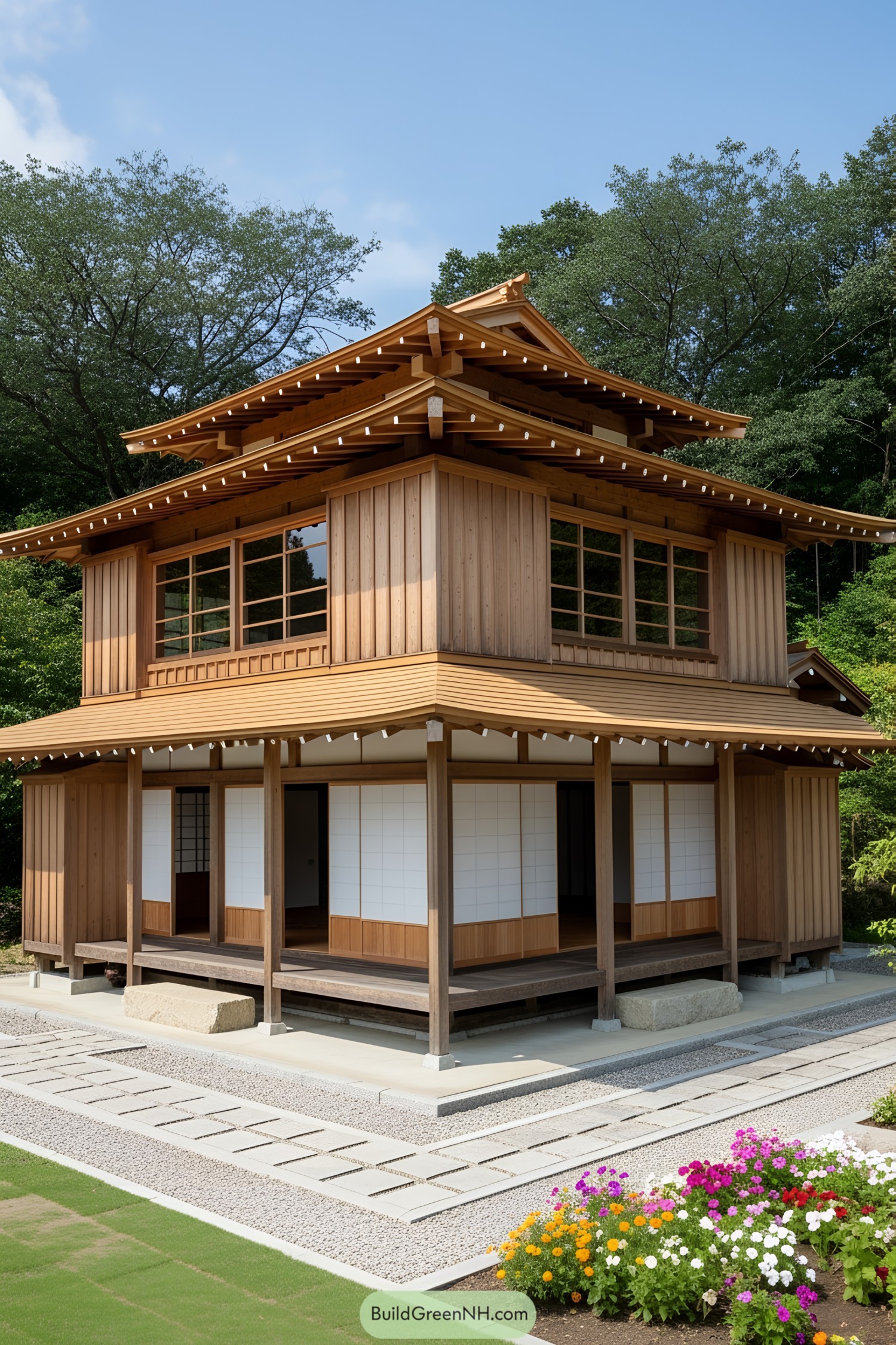 Traditional Japanese farmhouse with wooden architecture and sliding doors
