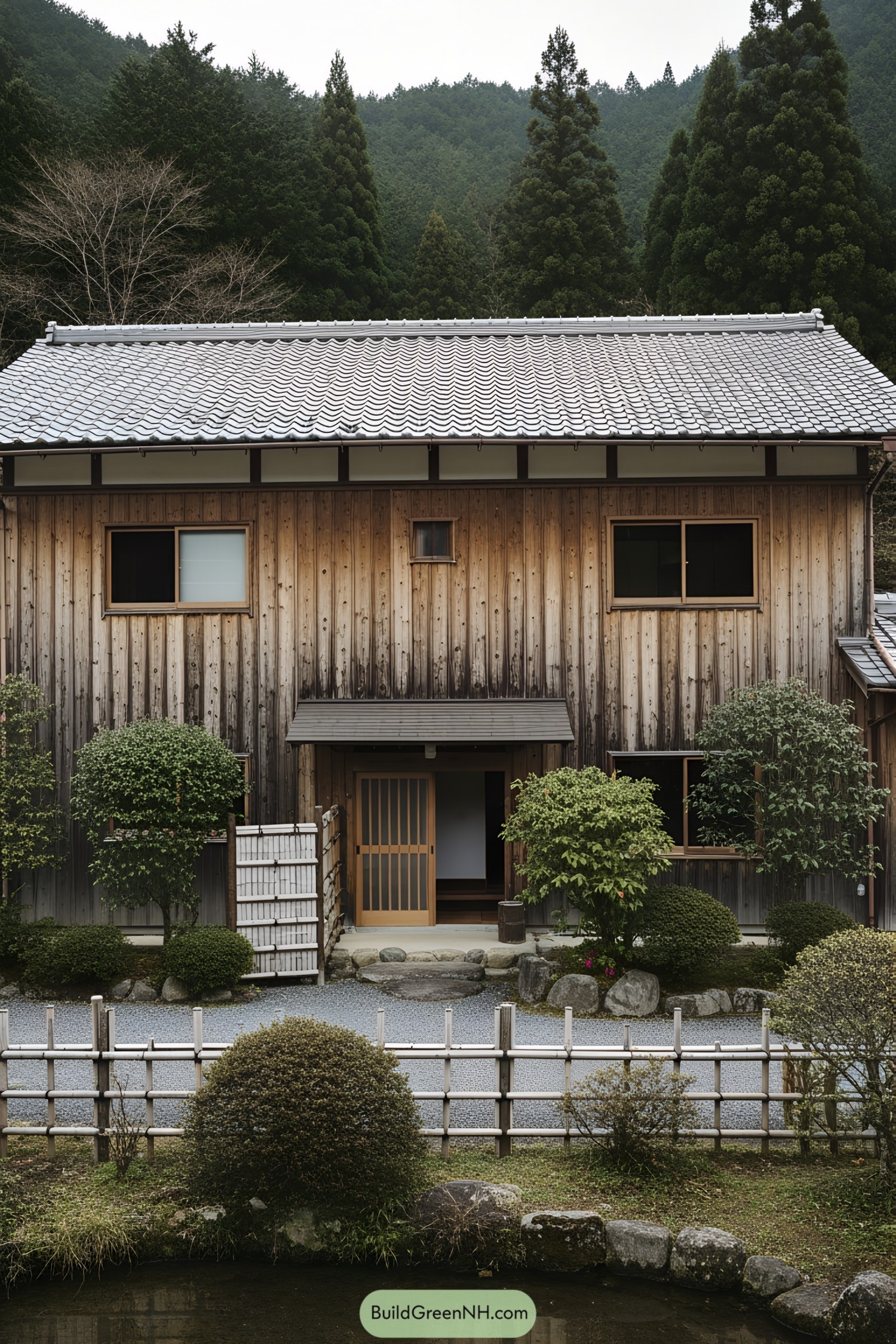 Rustic Japanese farmhouse surrounded by trees