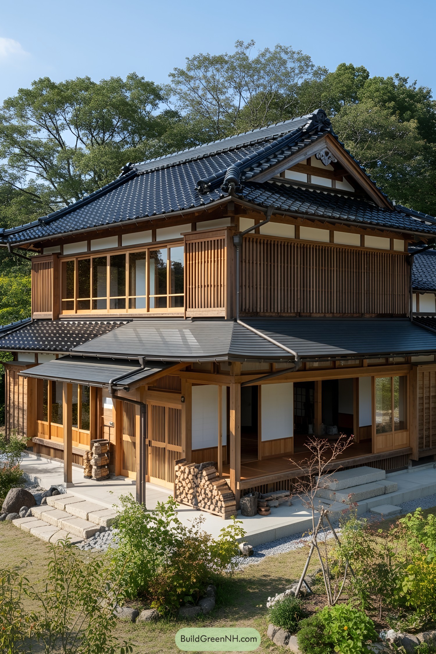 Traditional Japanese farmhouse with wooden beams and tiled roof