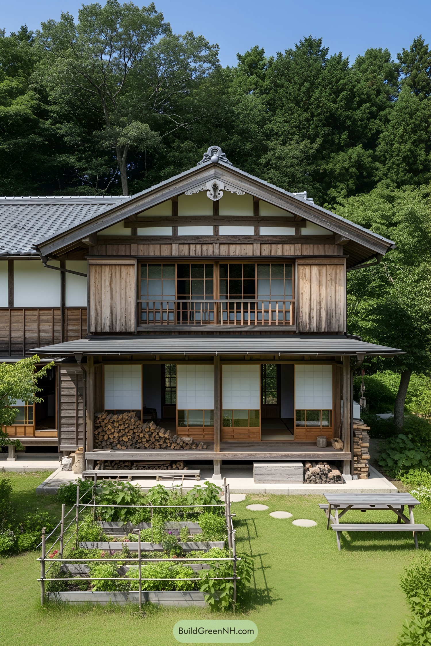 Traditional Japanese farmhouse with a garden in front