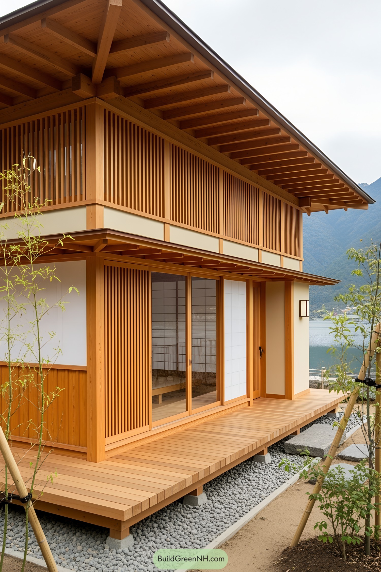 Wooden tea house with slatted panels and sliding doors