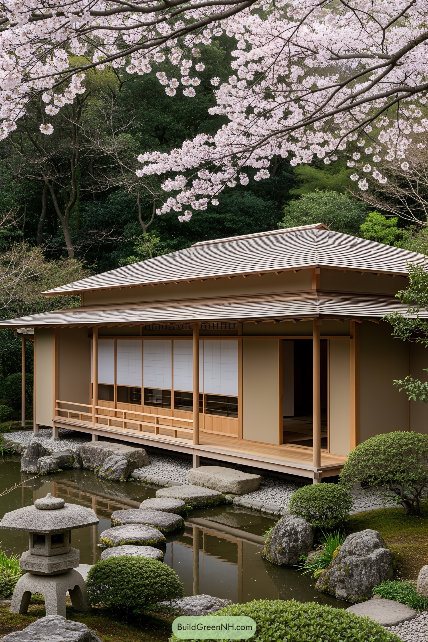 Japanese tea house surrounded by cherry blossoms