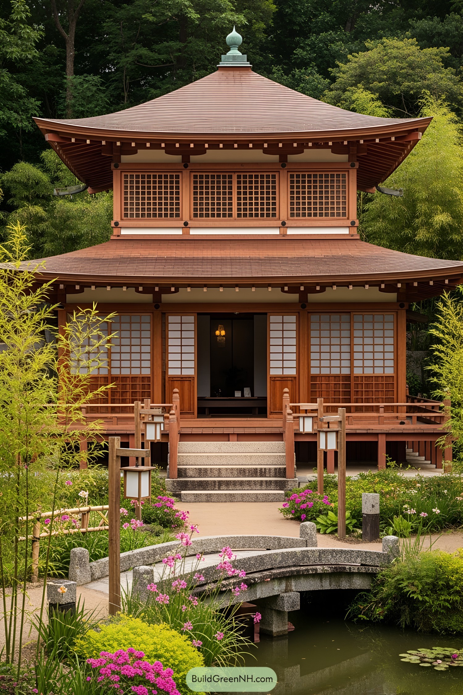 Japanese tea house with pagoda-style roof surrounded by lush garden
