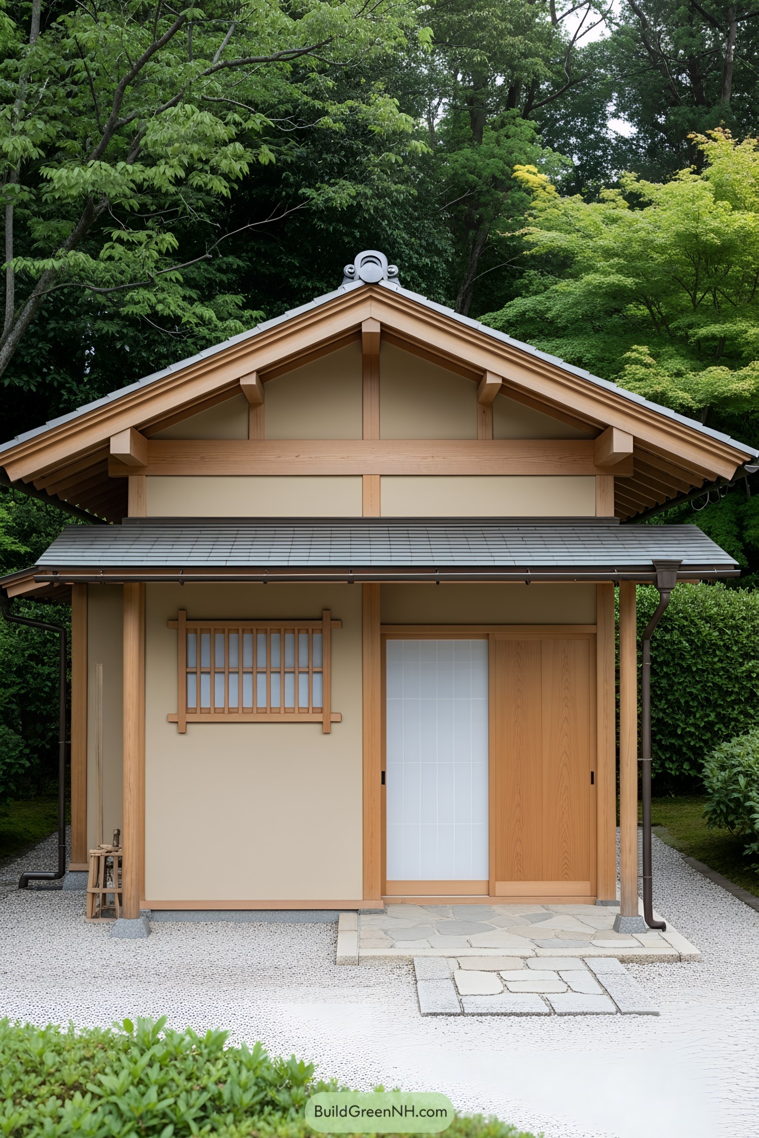 Quaint Japanese tea house amidst lush greenery
