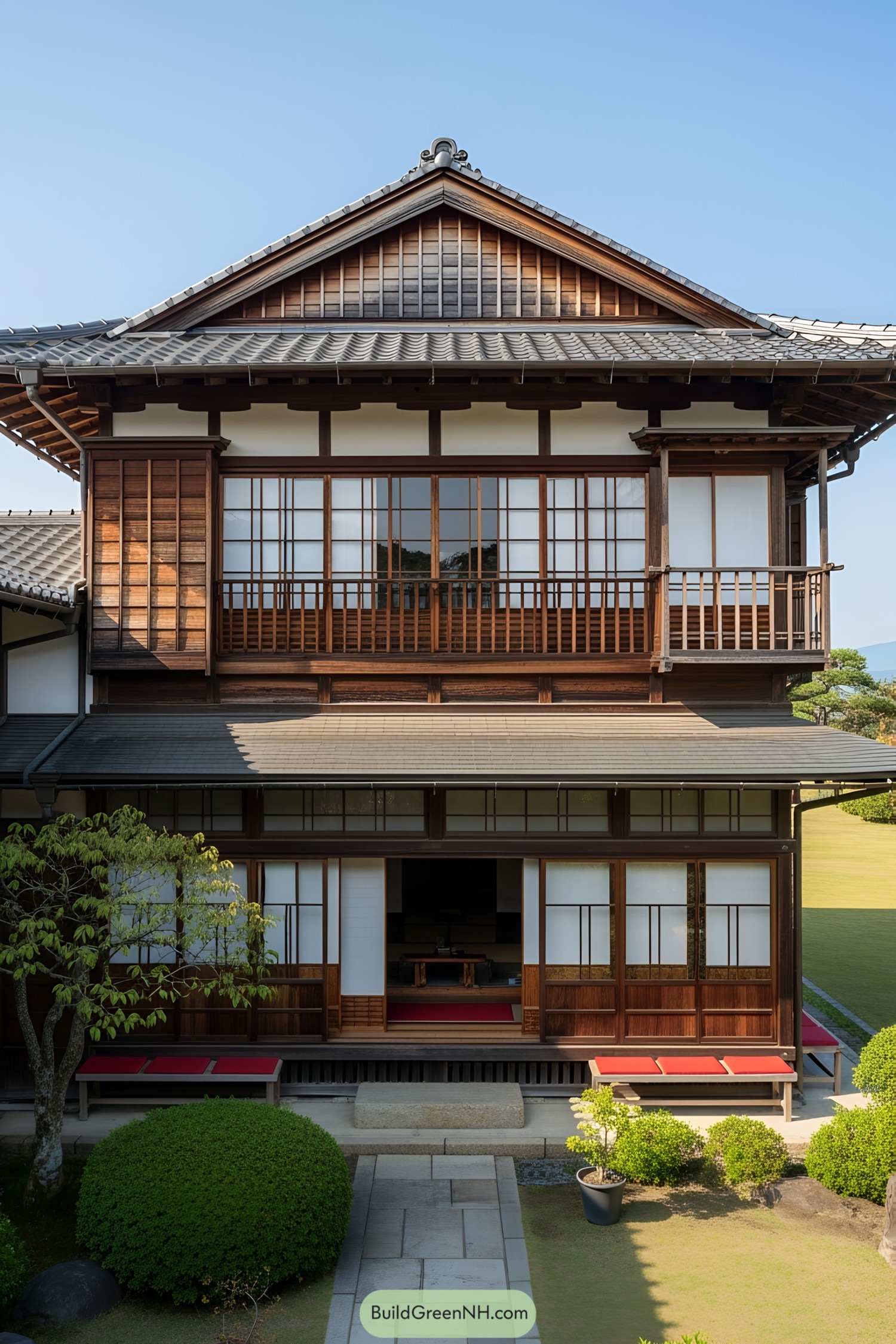 Japanese tea house with sliding doors and a garden path