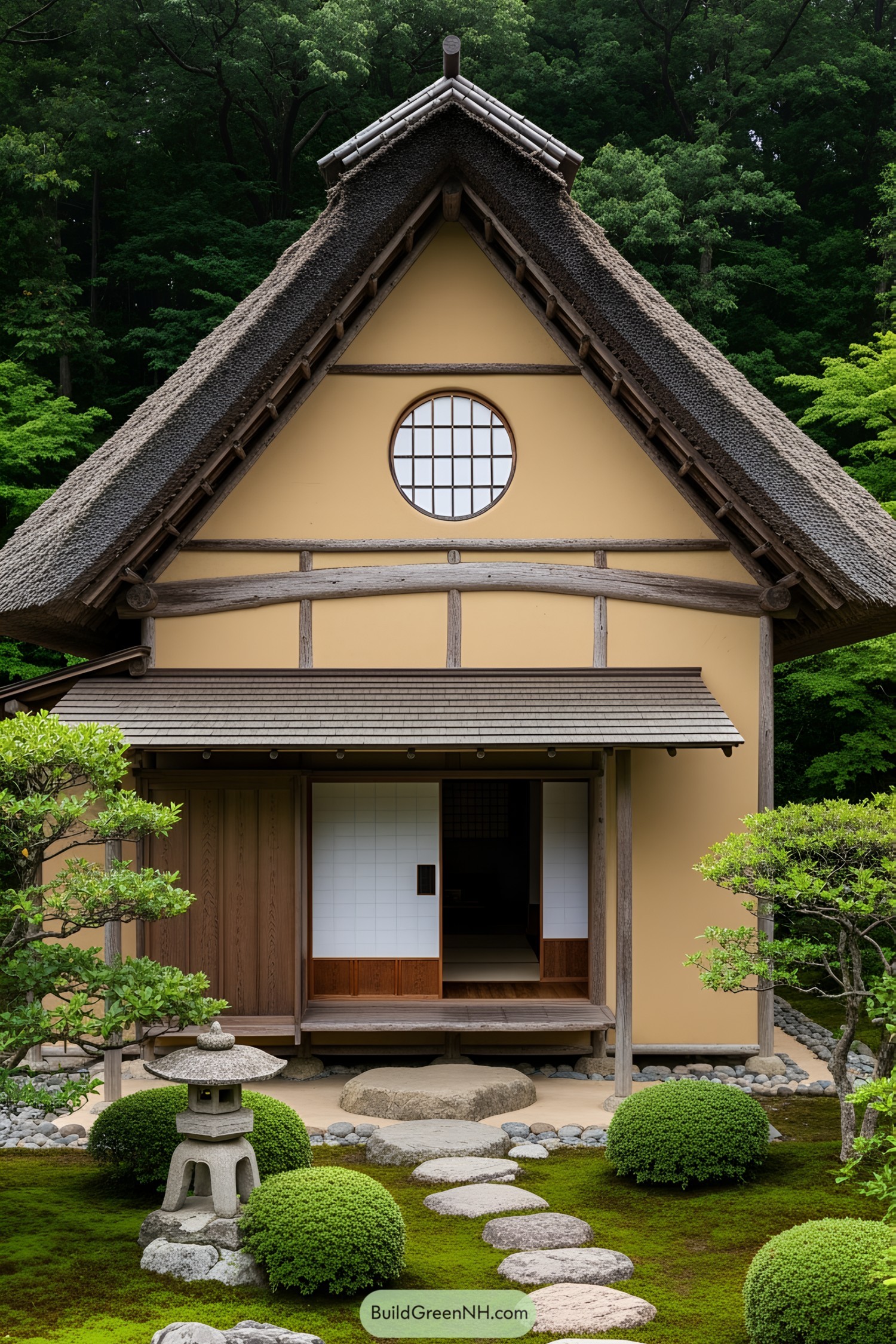 Traditional Japanese tea house nestled in greenery with stepping stone path and lantern